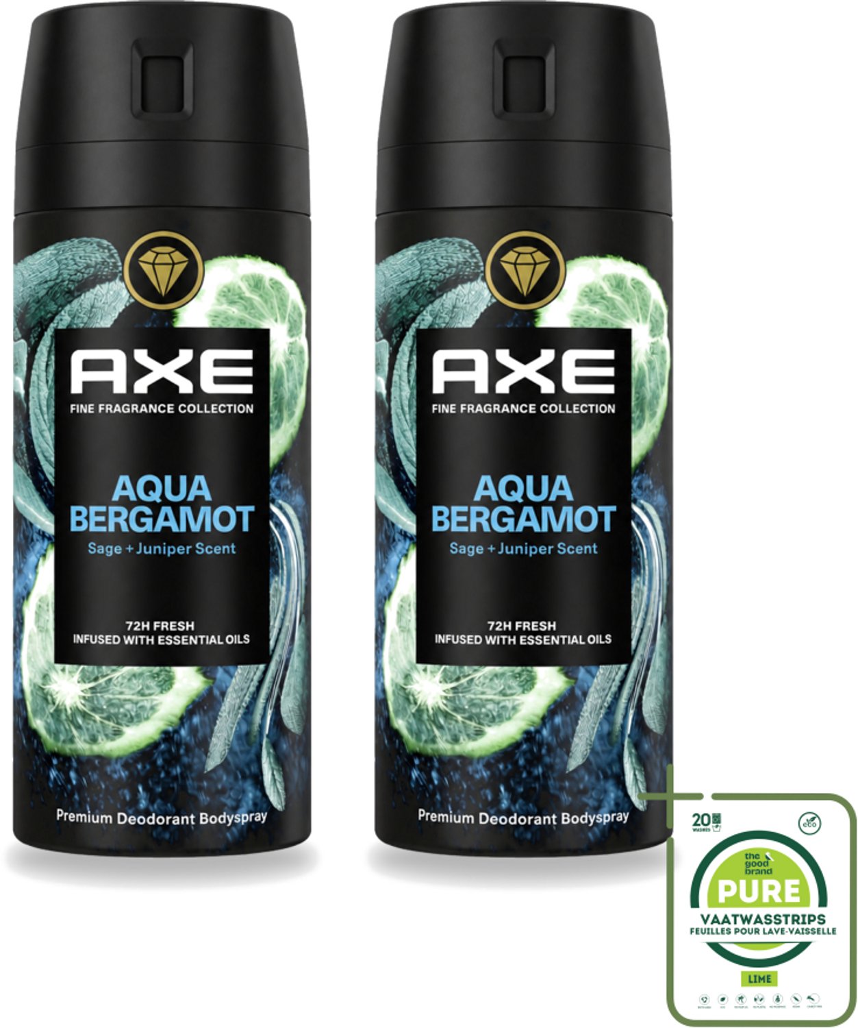 2 x Axe - Deodorant Bodyspray - 72hrs Fresh - Aqua Bergamot - Sage & Juniper - 150 ml - Grootverpakking - Vaatwasstrips - Deodorant - Bodyspray - Geur - Lichaamsgeur - Bergamot