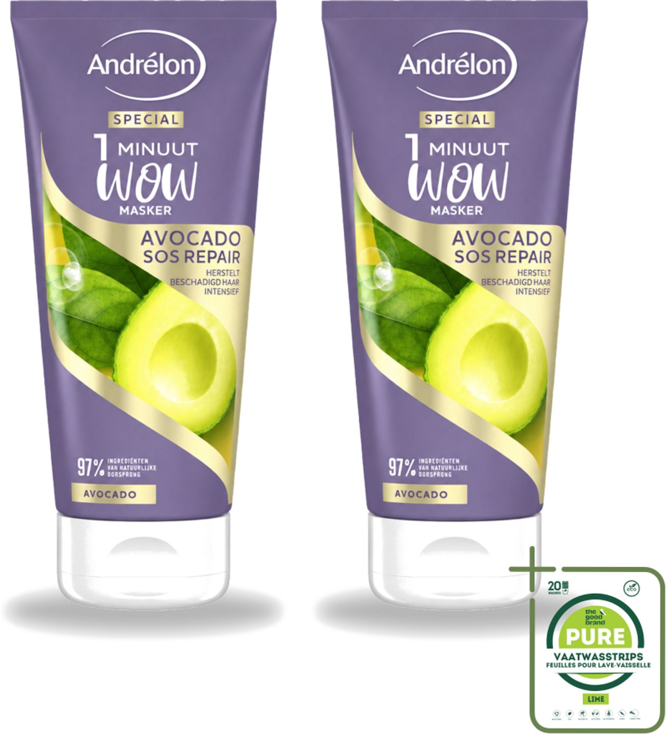 2 x Andrélon - 1 Minuut Wow Haarmasker - Avocado SOS Repair - 180 ml - Grootverpakking - Vaatwasstrips - Haarmasker - Haarherstel - Avocado Masker - Beschadigd Haar - 1 Minuut Herstel