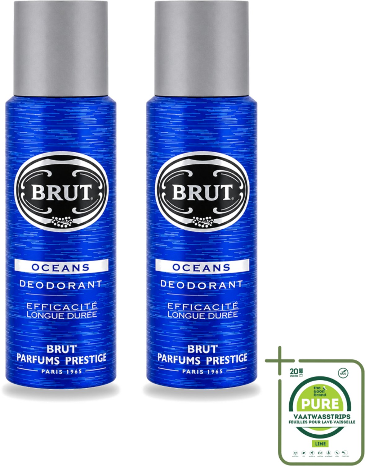 2 x Brut - Deodorant - Spray - Oceans - Fris & maritiem aroma - 200ml - Grootverpakking - Vaatwasstrips - Deodorant Spray - Fris - Maritiem - Oceaangeur - Zweetbevochtiging
