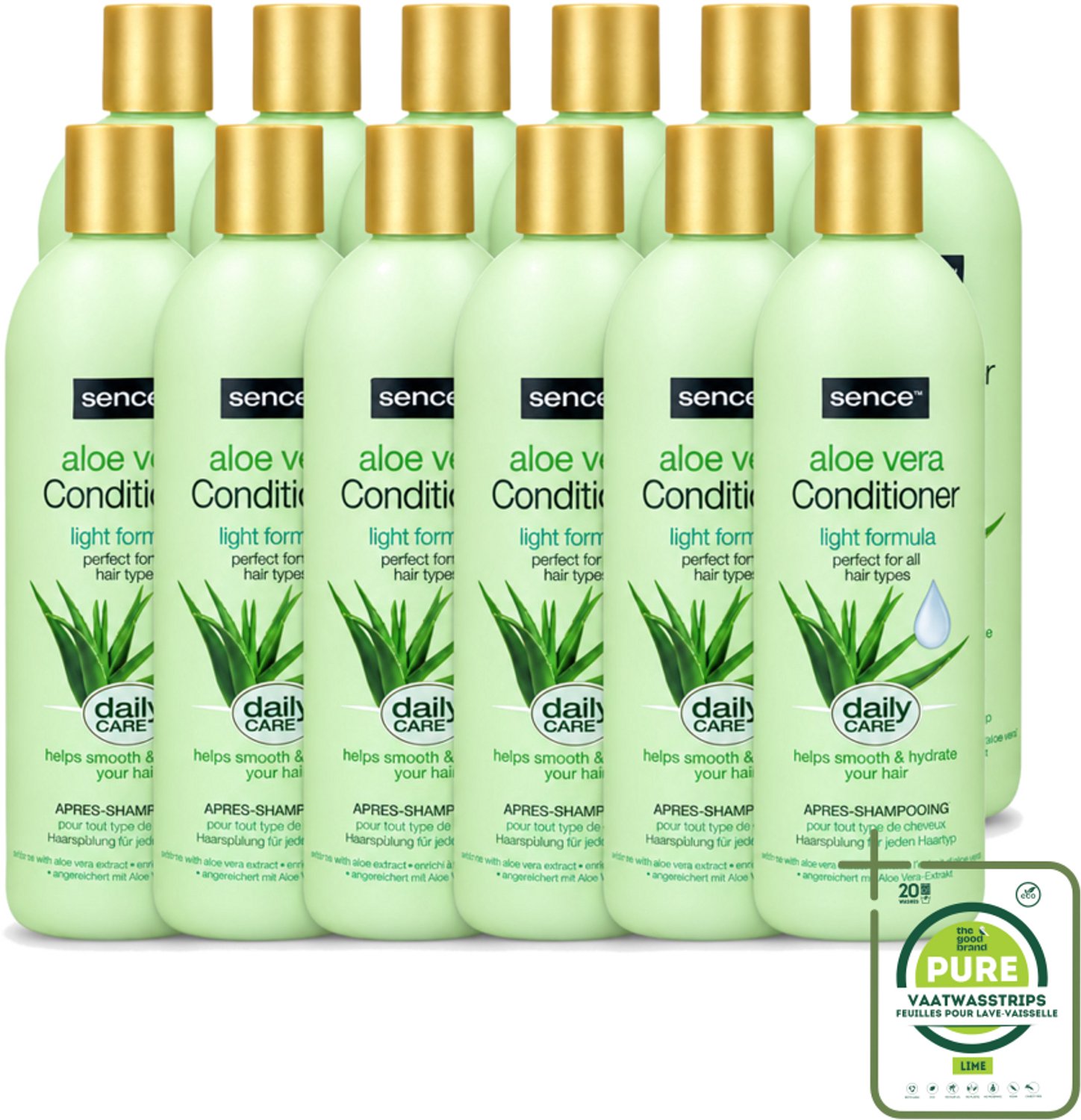 12 x Sence - Aloë Vera - Conditioner - Hydraterend - 400 ml - Grootverpakking - Vaatwasstrips - Aloë Vera Conditioner - Haarhydrateren - Droog Haar Verzorgen - Beschadigd Haar Herstellen - Haar Herstellen