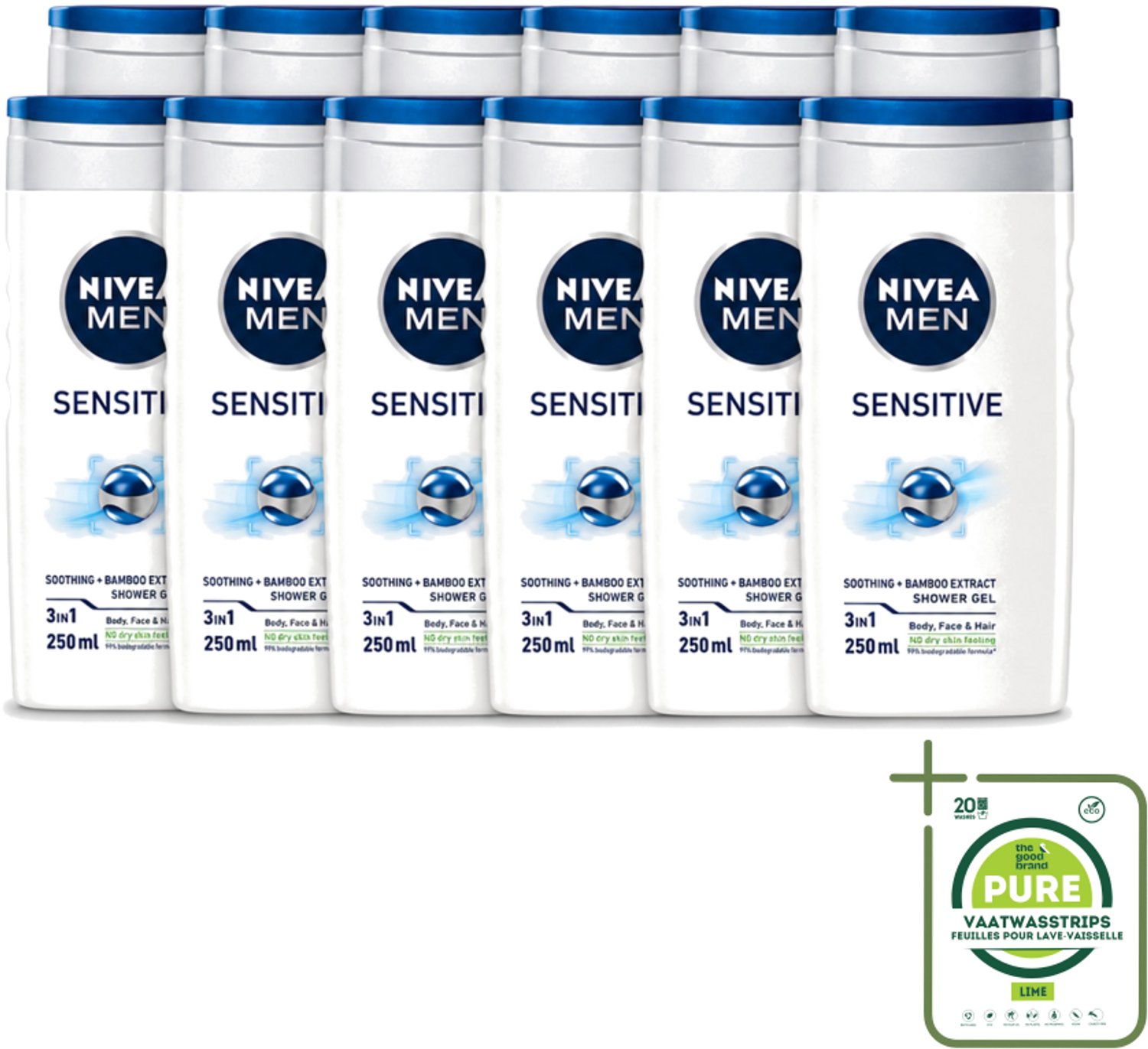 12 x Nivea - Men - Sensitive Douchegel - Hydraterend - 250 ml - Grootverpakking - Vaatwasstrips - Gevoelige Huid - Douchegel - Hydraterende Douchegel - Huidverzorging - Mannelijke Geur