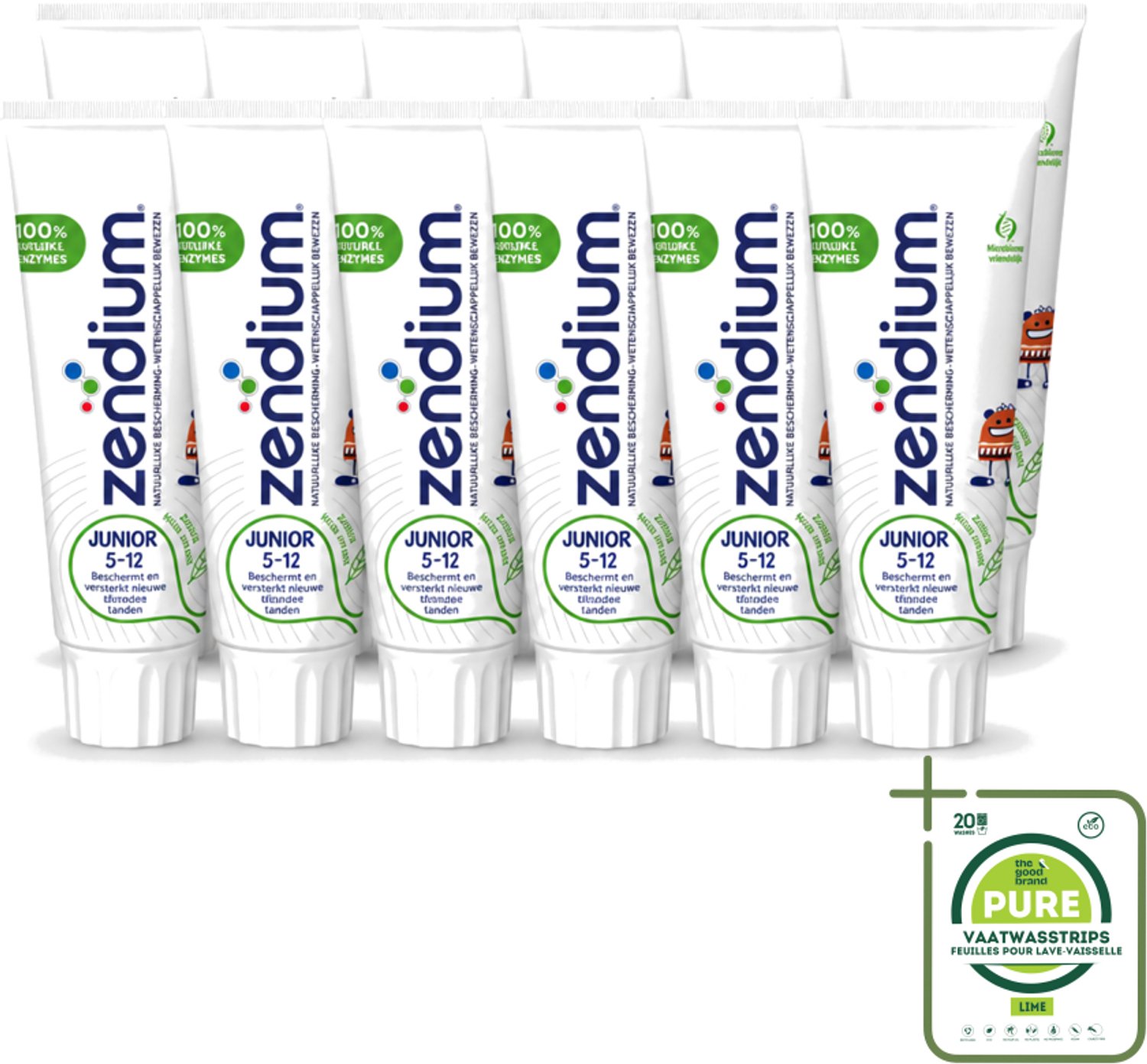 12 x Zendium - Junior 5-12 Jaar - Tandpasta - Natuurlijke Enzymen - 75 ml - Grootverpakking - Vaatwasstrips - Tandpasta Voor Kinderen - Melktanden Beschermen - Natuurlijke Enzymen - Gezonde Mondflora - SLS-vrije Tandpasta