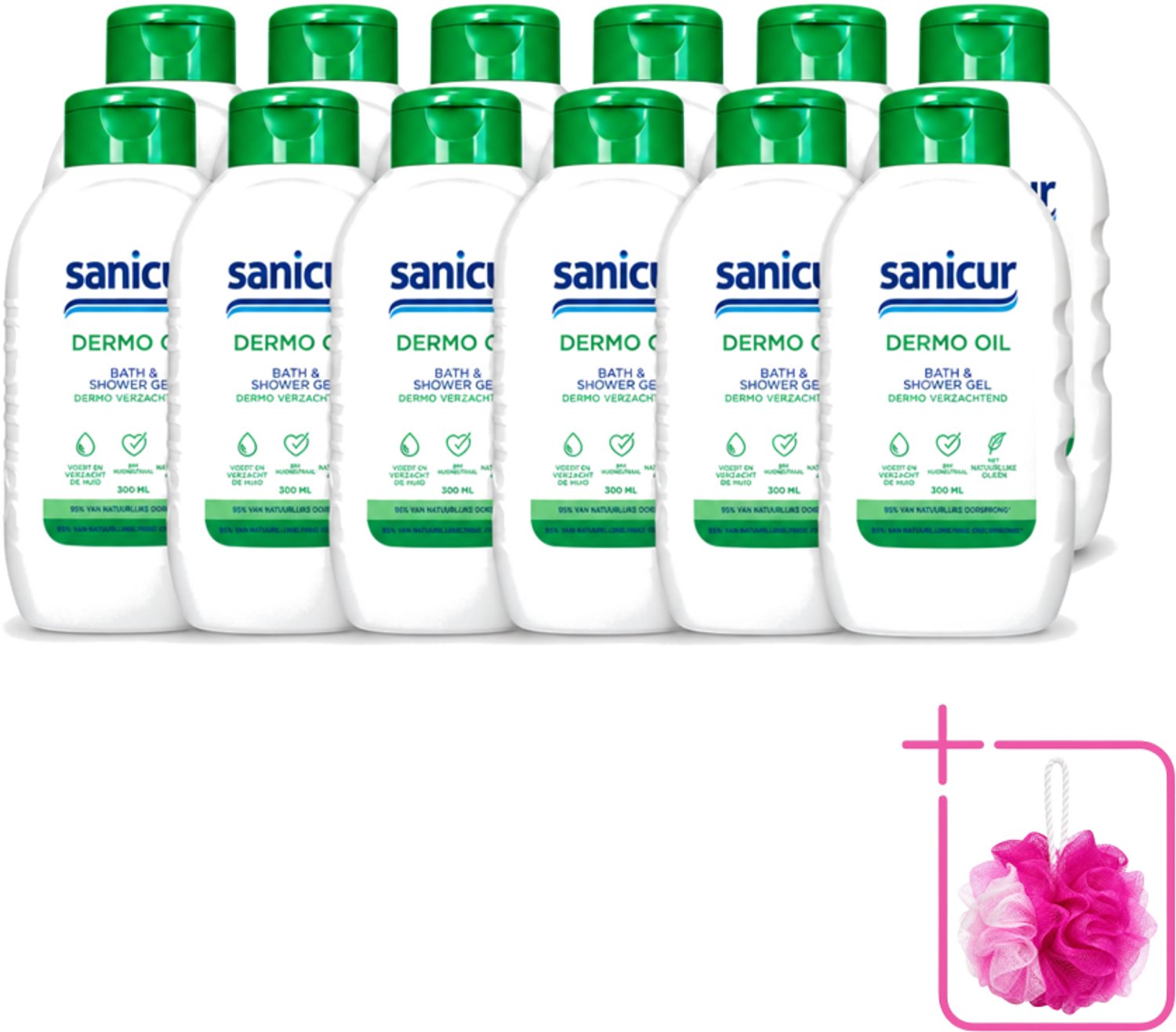 12 x Sanicur – Bad & Douchegel – Dermo-Oil – 300 ml - Bulkverpakking - Bad en douchegel - Douchemop - Droge huid