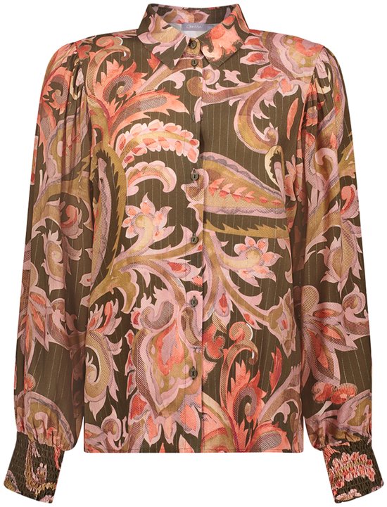 Blouse met kraag en all-over paisley-print in olijfgroen, roze en koraal. Met lurex.