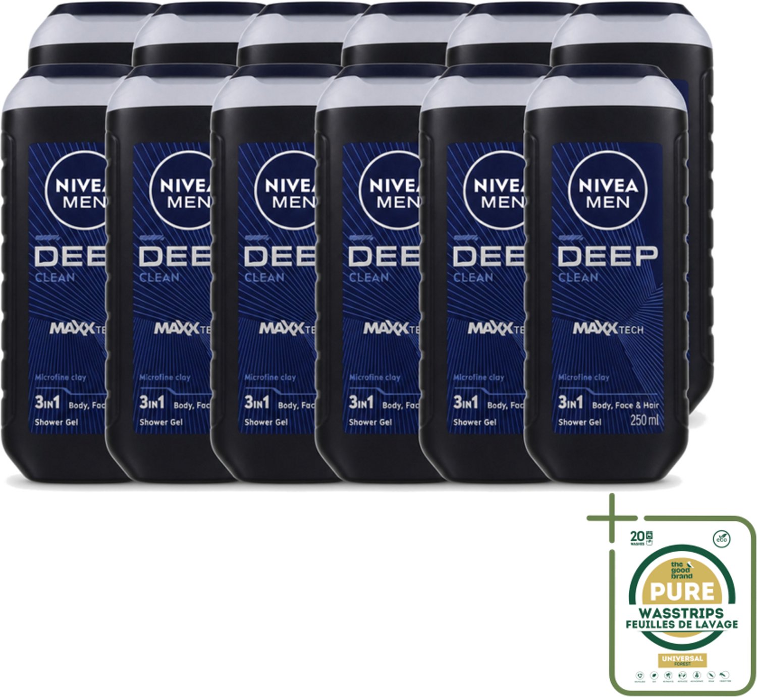 12 x Nivea Men – Douchegel – Deep Clean – 250 ml - Wasstrips - Douchegel - Diepe Reiniging - Microfijne Klei - Huid Reinigen - Haar Reinigen