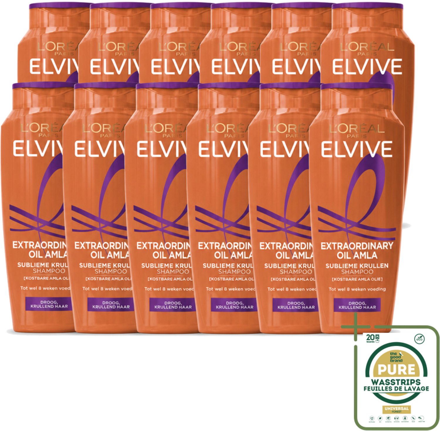 12 x L’Oréal Paris Elvive – Shampoo – Extraordinary Oil Amla – Droog & Krullend Haar – 250 ml - Wasstrips - Conditioner Droog Haar - Conditioner Krullen - Amla-olie Conditioner - Kruldefinitie - Voeding Haar