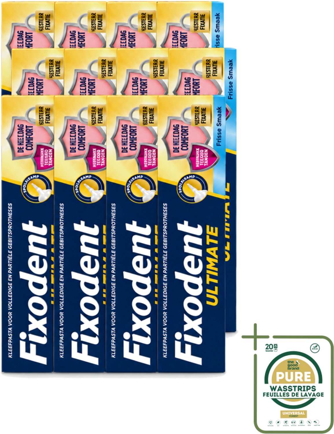 12 x Fixodent – Kleefpasta – Ultimate Fresh – 40 g - Wasstrips - Kleefpasta - Kunstgebit - Fixatie - Voedselresten - Frisse Munt