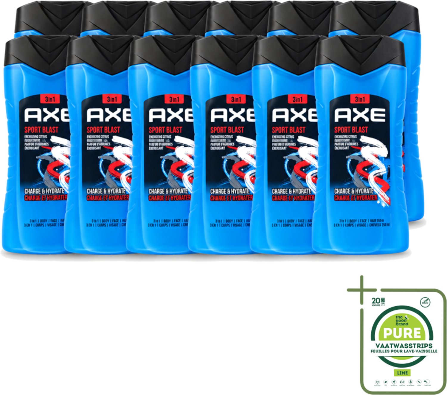 12 x Axe - 3-in-1 Douchegel - Sport Blast - Energizing Citrus - Hydraterend - 250 ml - Grootverpakking - Vaatwasstrips - Douchegel Sport - Hydraterende Douchegel - Frisse Geur Douchegel - Douchegel Na Training - Sport Douchegel