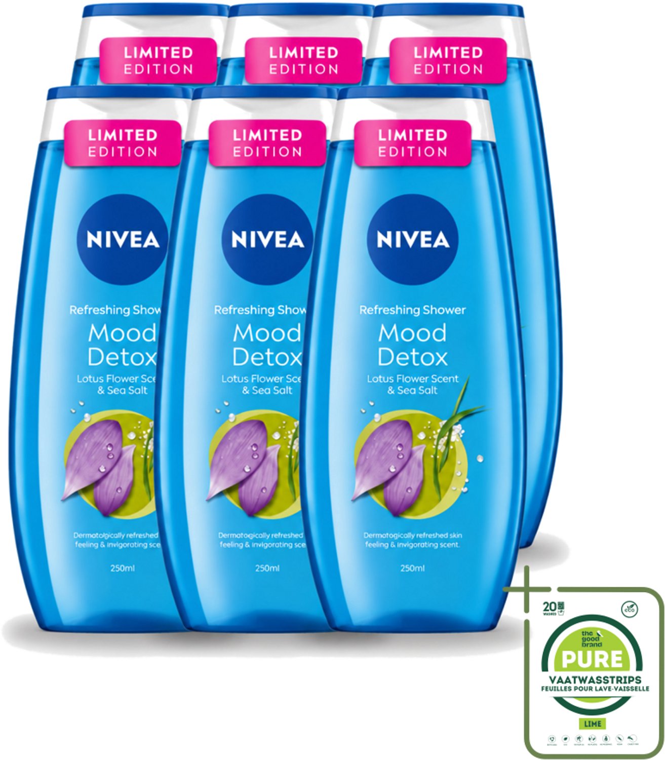 6 x Nivea – Douchegel – Creme Mood Detox – 250 ml - Grootverpakking - Vaatwasstrips - Douchegel - Zeezout - Ontspanning - Huidverzorging - Mood Detox