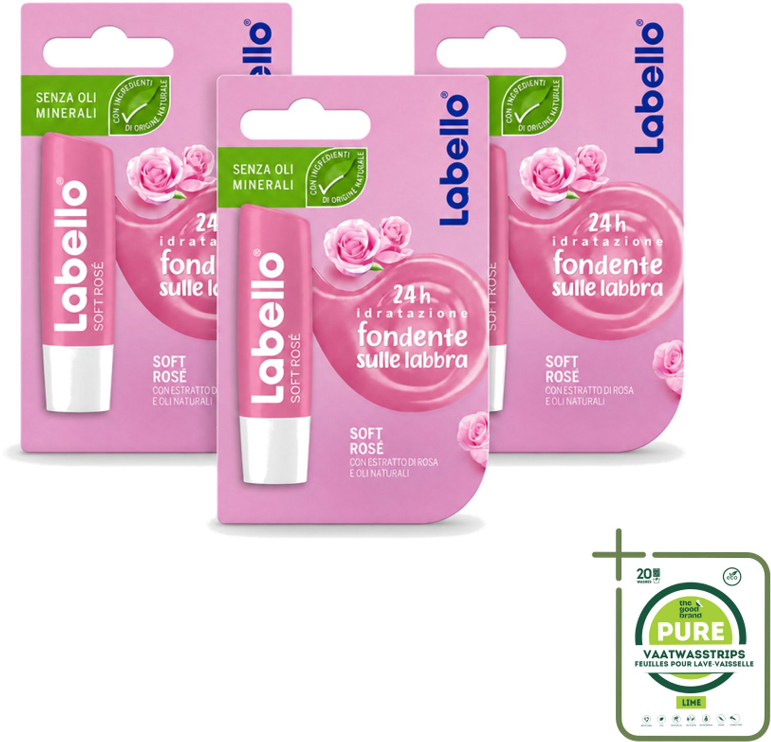 3 x Labello – Lippenbalsem – Soft Rosé - Grootverpakking - Vaatwasstrips - Lippenbalsem - Hydratatie - Rosé Lippen - Natuurlijke Glans - Verzorgde Lippen
