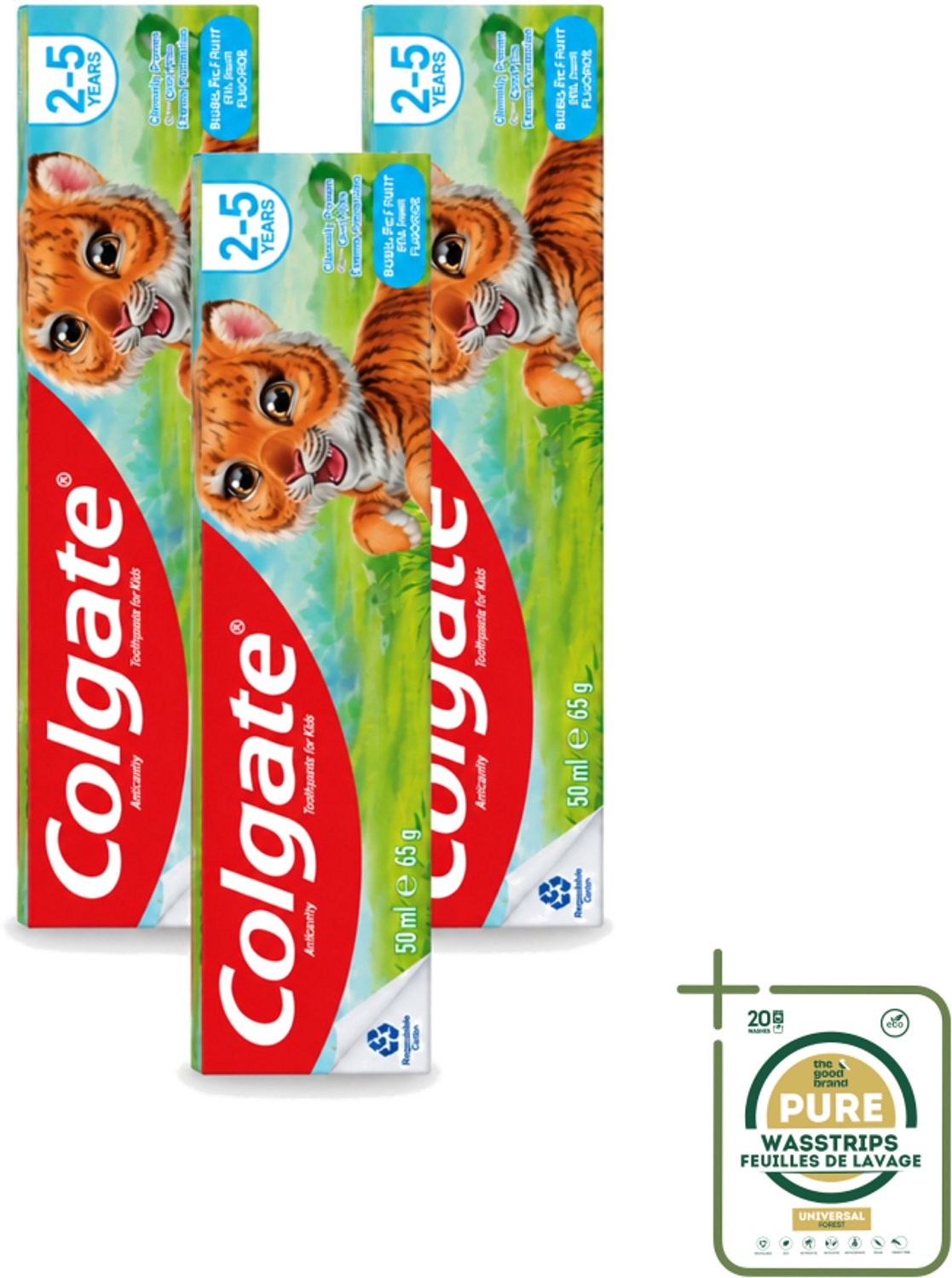 3 x Colgate - Bubble Fruit - Kindertandpasta - Voor 2 tot 5 jaar oud - 50ml - Wasstrips - Kindertandpasta - Gaatjes Bestrijden - Melktanden Beschermen - Tandpasta Voor Kinderen - Bubble Fruit Smaak