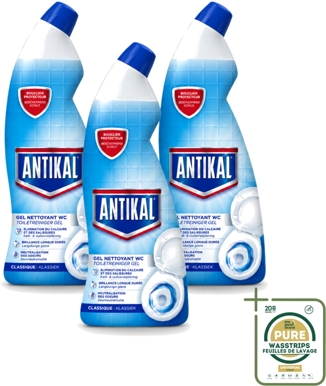 3 x Antikal - Toiletreiniger - Verwijdert Kalkaanslag & Vuil - 750 ml - Wasstrips - Toiletreiniger - Kalkaanslag - Reinigen Toilet - Fris Toilet - Geurinsluitend