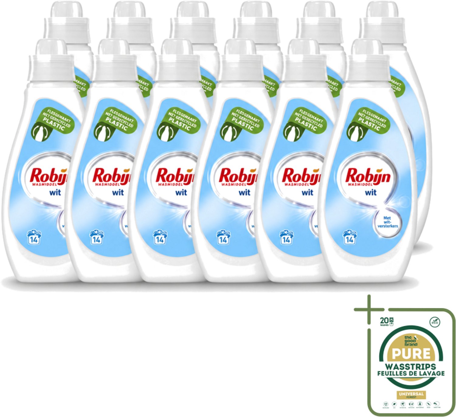 12 x Robijn - Wit - Vloeibaar Wasmiddel - Met Witversterkers - 14 Wasbeurten - 700 ml - Wasstrips - Wit Wasmiddel - Witversterker - Stralend Wit - Vloeibaar Wasmiddel - Wasbeurten