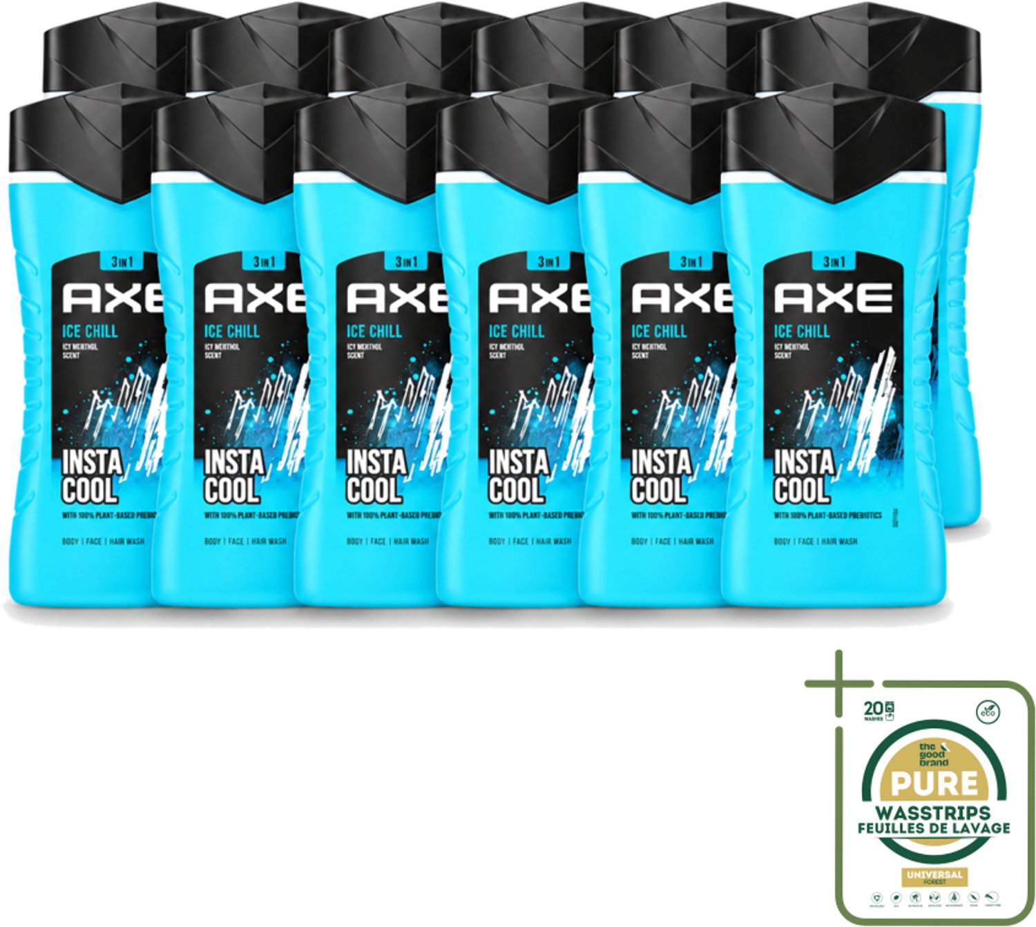 12 x Axe - 3-in-1 Douchegel - Ice Chill - Icy Menthol - Insta Cool - 100% Plantaardig - 150 ml - Wasstrips - 3-in-1 Douchegel - Douchegel Menthol - Douchegel Bevroren Munt - Douchegel Voor Gezicht En Haar - Douchegel 12 Uur Geur