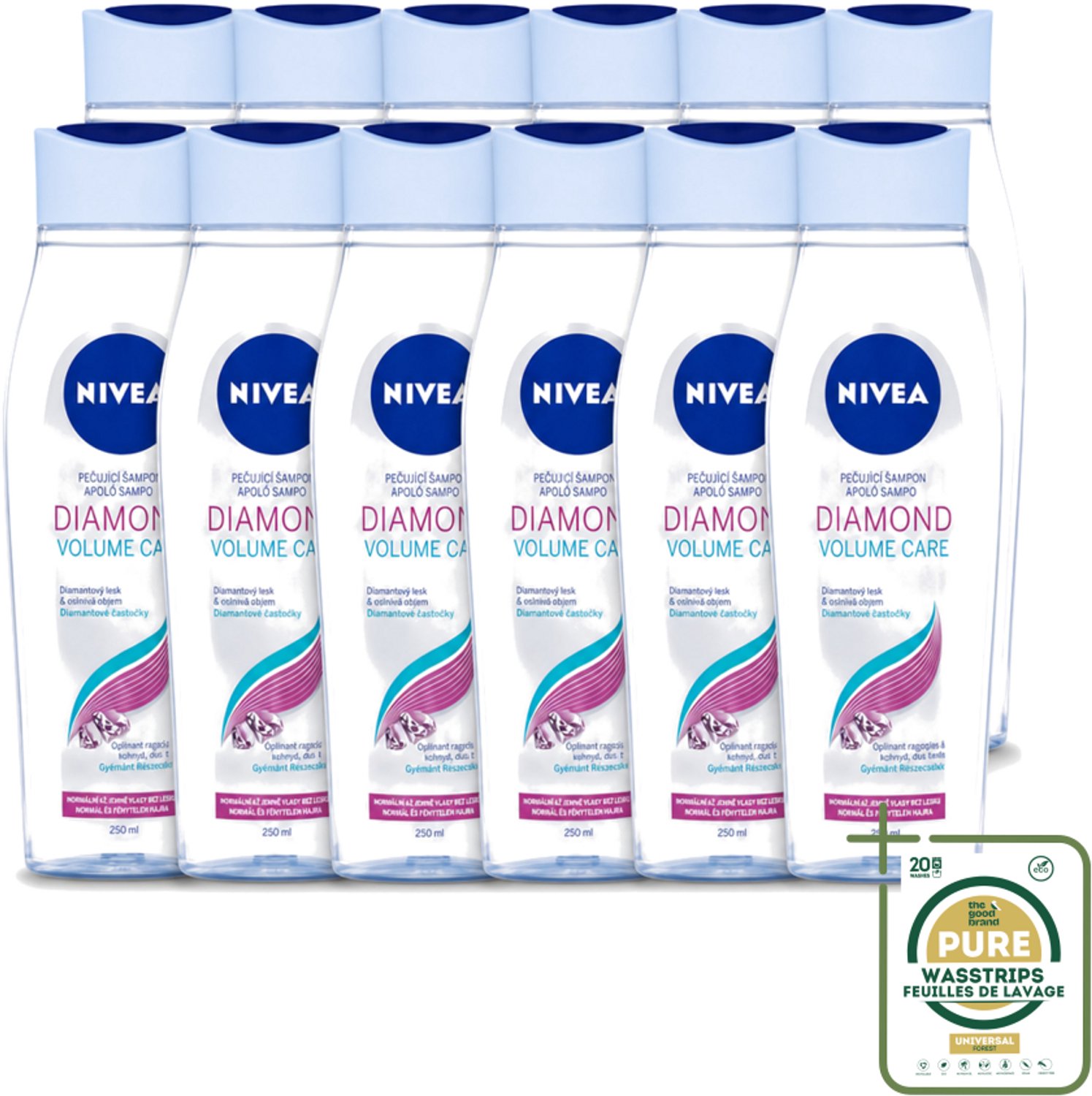 12 x Nivea - Diamond Volume Care Shampoo - 250 ml - Wasstrips - Volume - Glans - Diamantpoeder - Haar Verzorging - Haar Reinigen