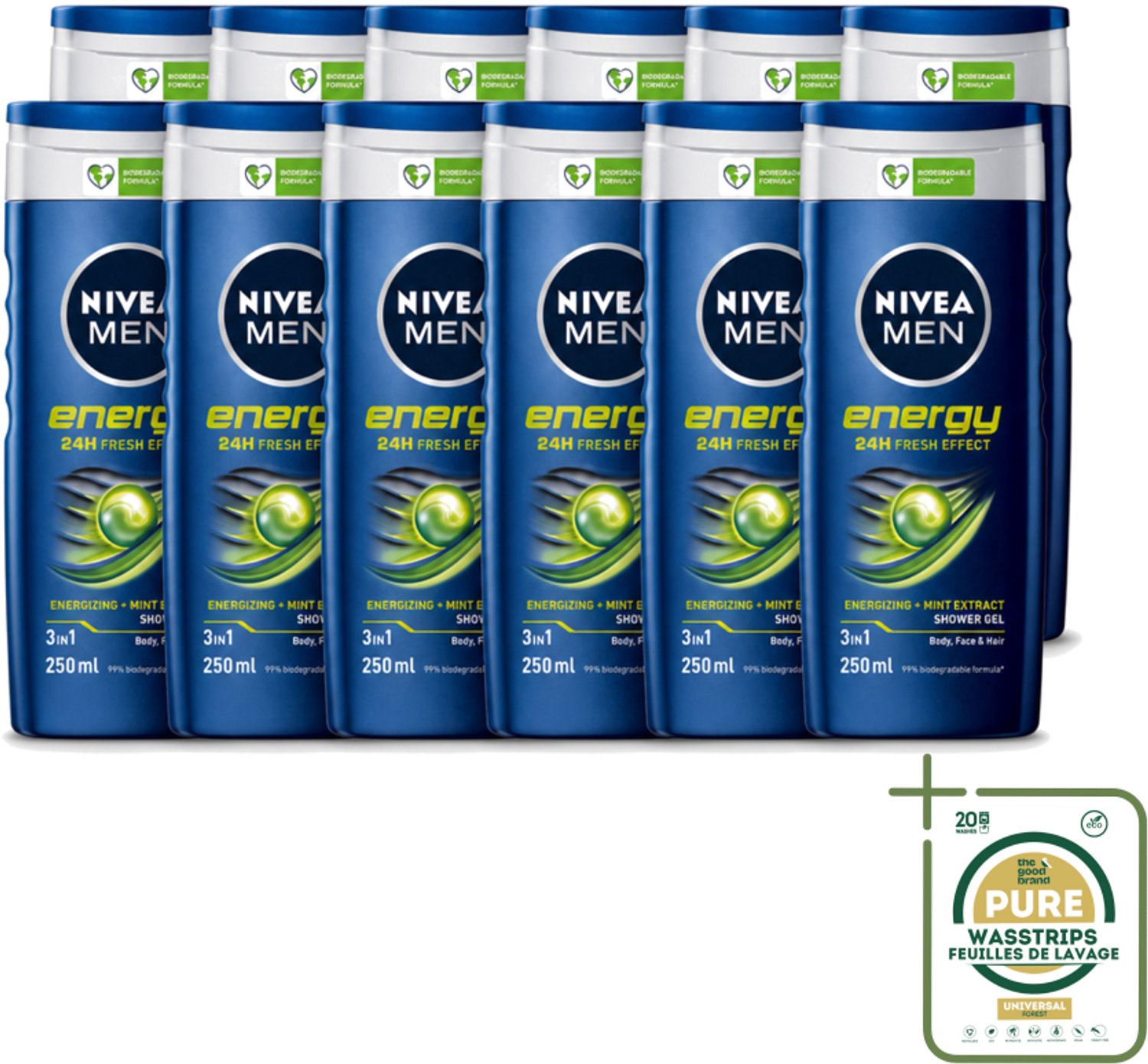 12 x Nivea - Men - Energy Douchegel - Langdurig Fris Gevoel - 250 ml - Wasstrips - Douchegel Voor Mannen - 2 In 1 Douchegel - Energieboost - Fris Gevoel - Mintextract