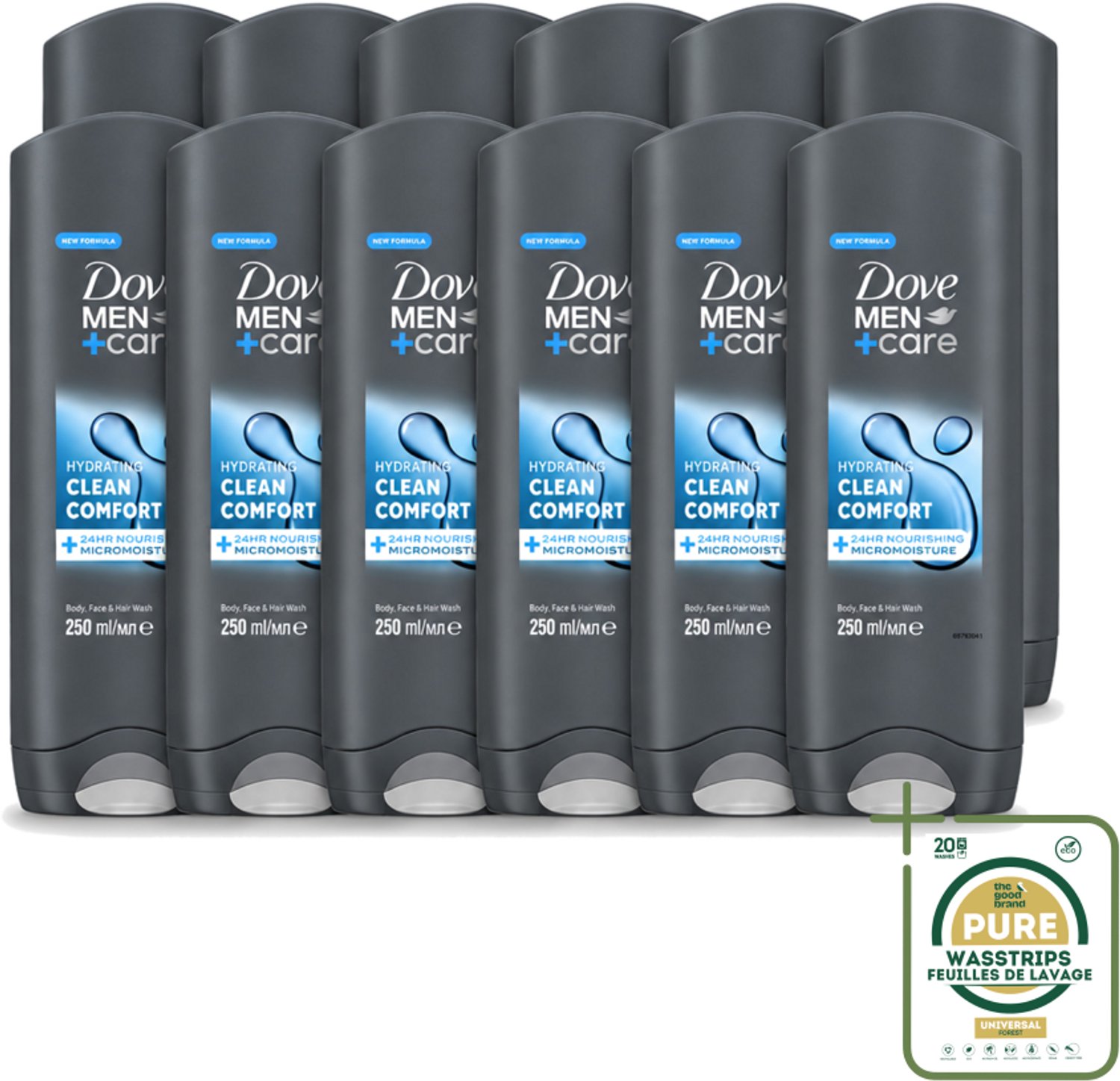 12 x Dove - Douchegel - Men+ Care Clean Comfort - Comfort en verzorging - 250 ml - Wasstrips - Douchegel - Fris - Energie - Reiniging - Hydraterend