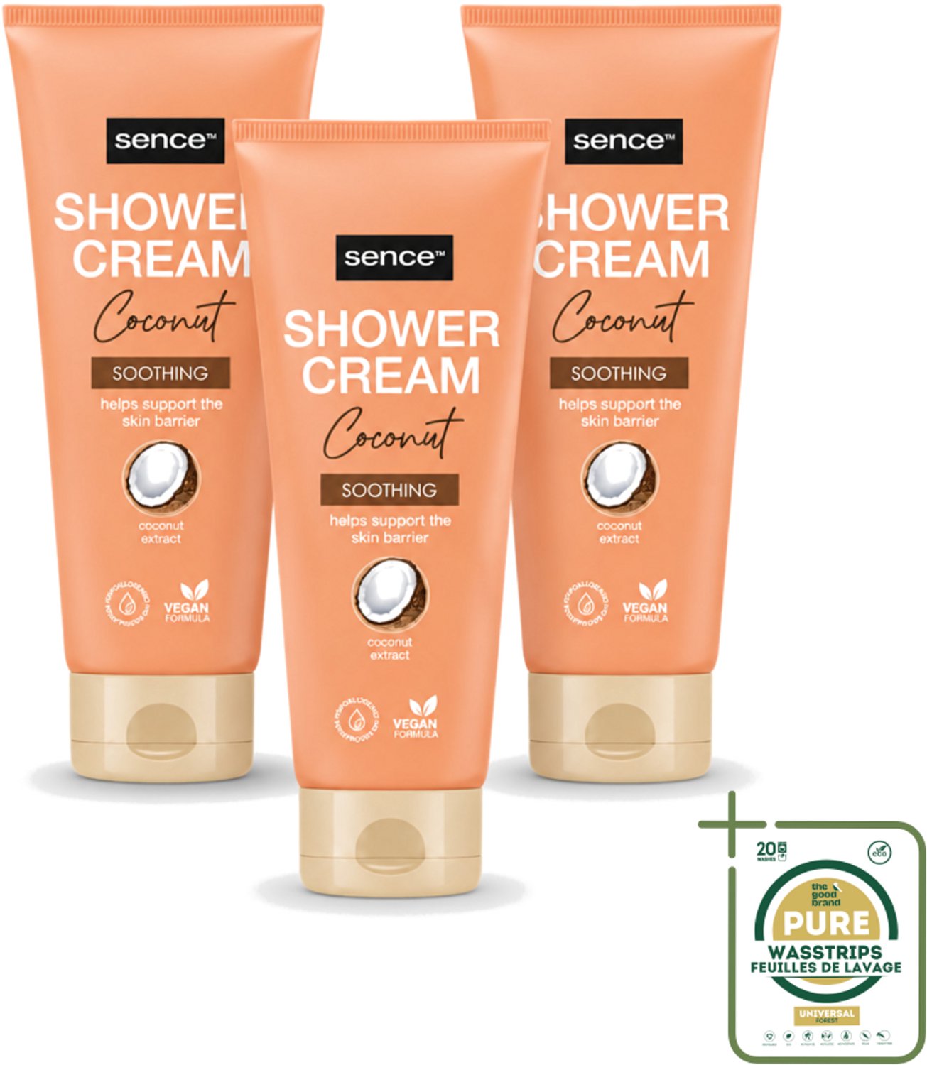 3 x Sence - Coconut - Douchecrème - Verzorgend - 200 ml - Wasstrips - Douchecrème Kokos - Kokosgeur - Verzorgende Douche - Huidverzorging - Hydraterende Douchecrème