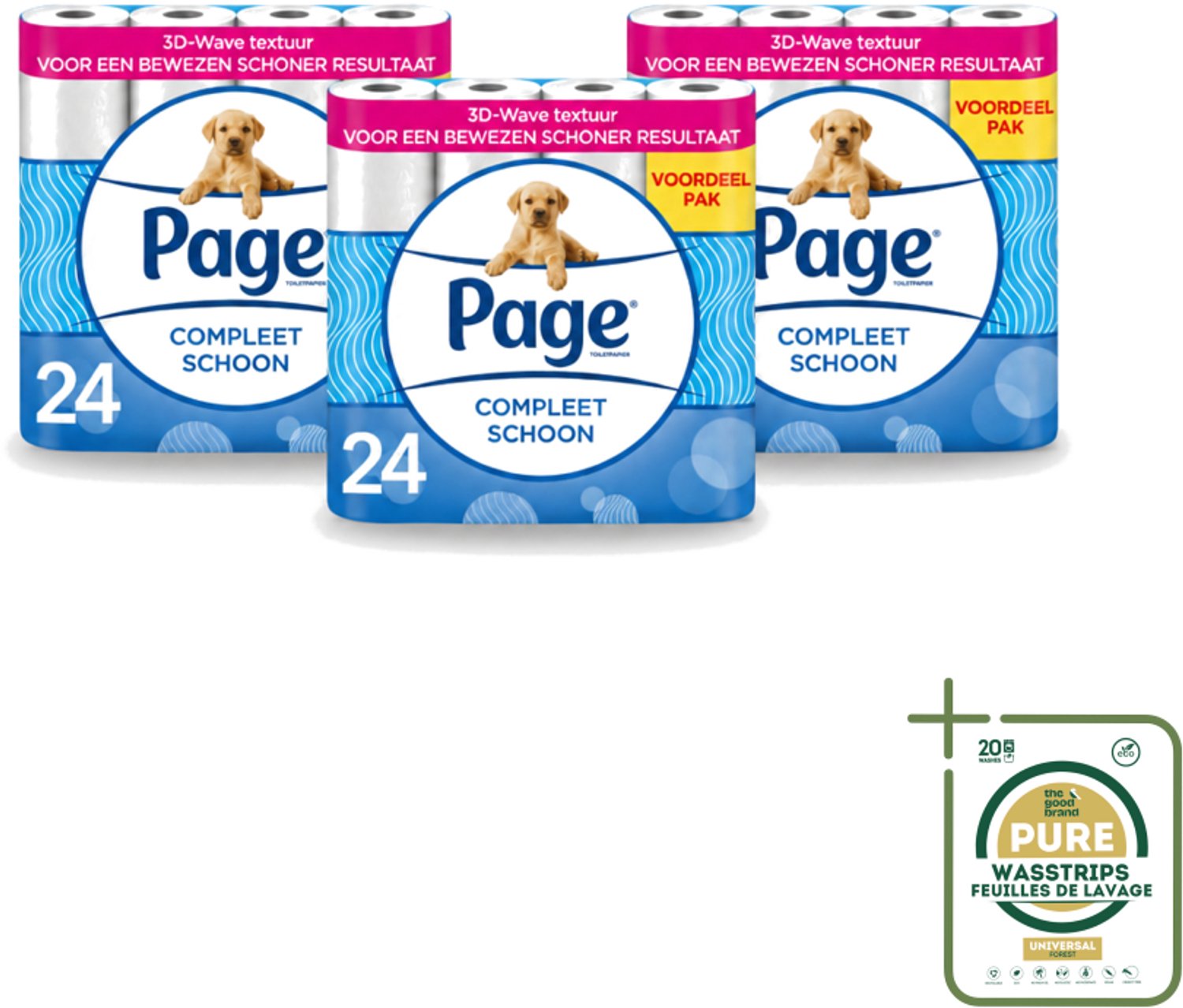 3 x Page - Compleet Schoon - Toiletpapier - 2-Laags - Comfortabel & Zacht - 24 Rollen - Wasstrips - Toiletpapier - 2-laags Toiletpapier - 3D Wave™ - Katoen - Hygiëne