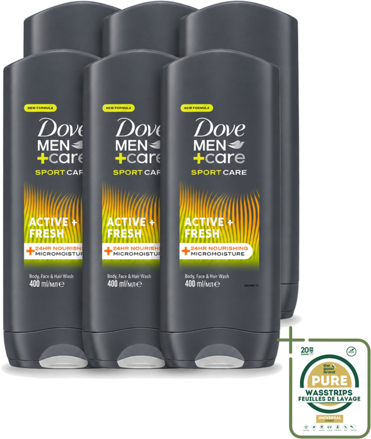 6 x Dove - Douchegel - Men+ Care Active Fresh - Verfrissend en langdurige bescherming - 400 ml - Wasstrips - Douchegel - Man - Fris - Energie - Actief