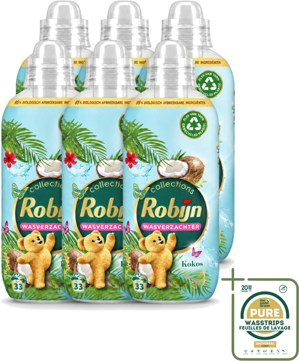 6 x Robijn - Kokos Sensation - Wasverzachter - Tropische Geur - 33 Wasbeurten - 825 ml - Wasstrips - Wasverzachter - Kokosgeur - Wasverzachter Tropisch - Wasverzachter Voor Kleding - Wasverzachter Kokos