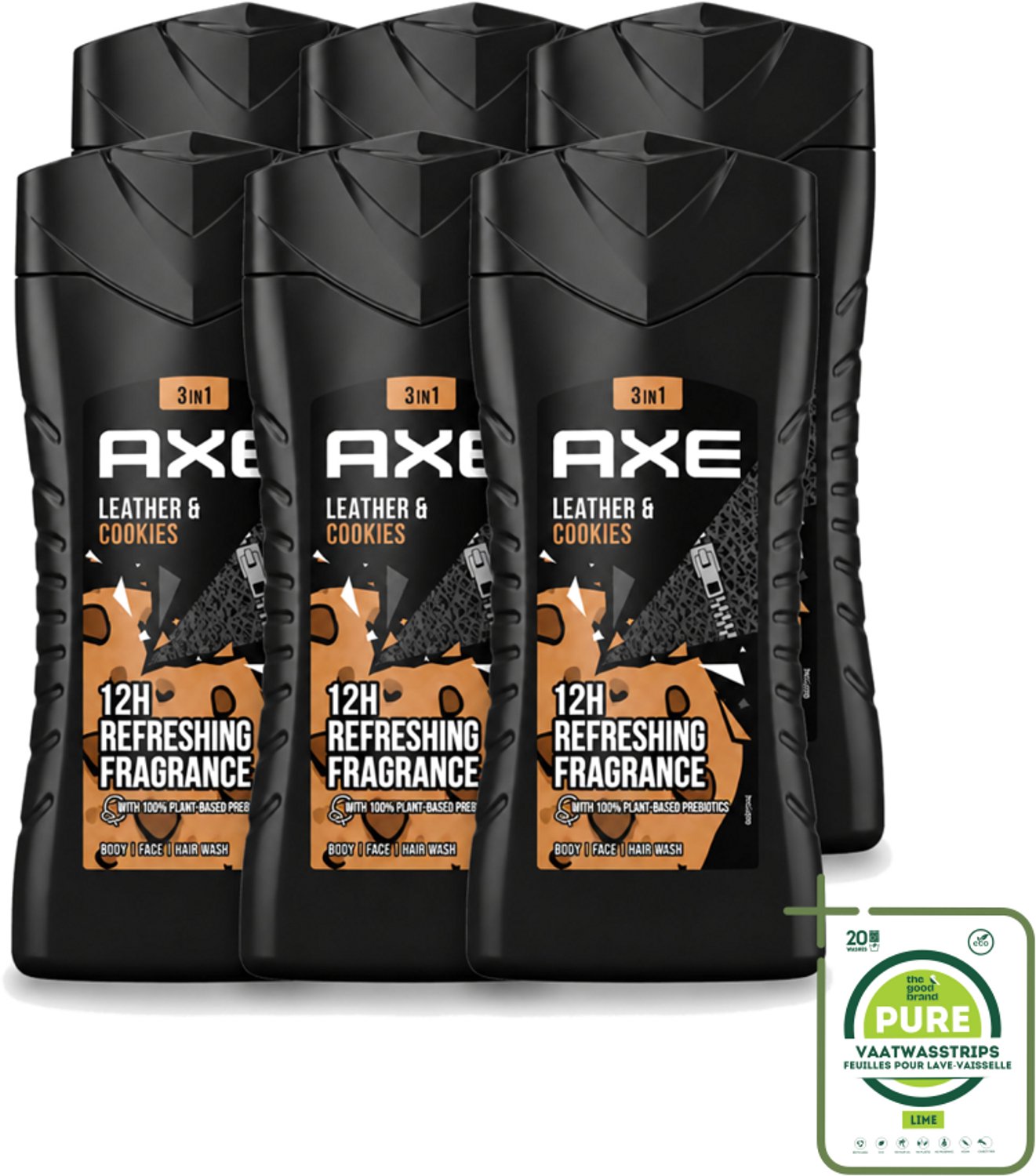 6 x Axe - 3-in-1 Douchegel - Leather & Cookies - 100% Plantaardig - 250 ml - Grootverpakking - Vaatwasstrips - Douchegel - Geur - Lichaam - Gezicht - Haar