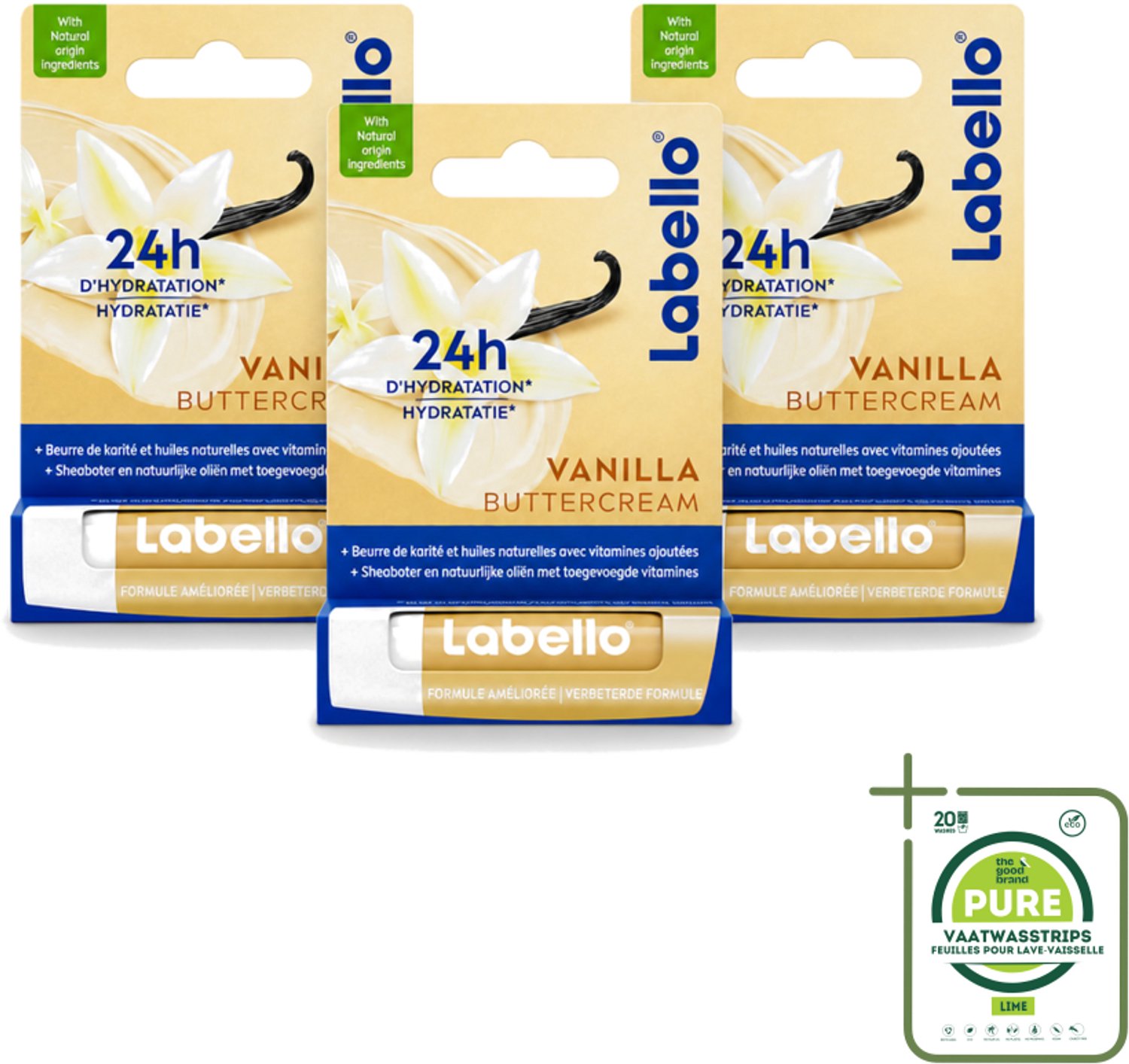 3 x Labello - Vanilla Buttercream - Lippenbalsem - Verzorgend & Verzachtend - 4.8 g - Grootverpakking - Vaatwasstrips - Lippenbalsem - Hydratatie - Vanille - Sheaboter - Gebarsten Lippen