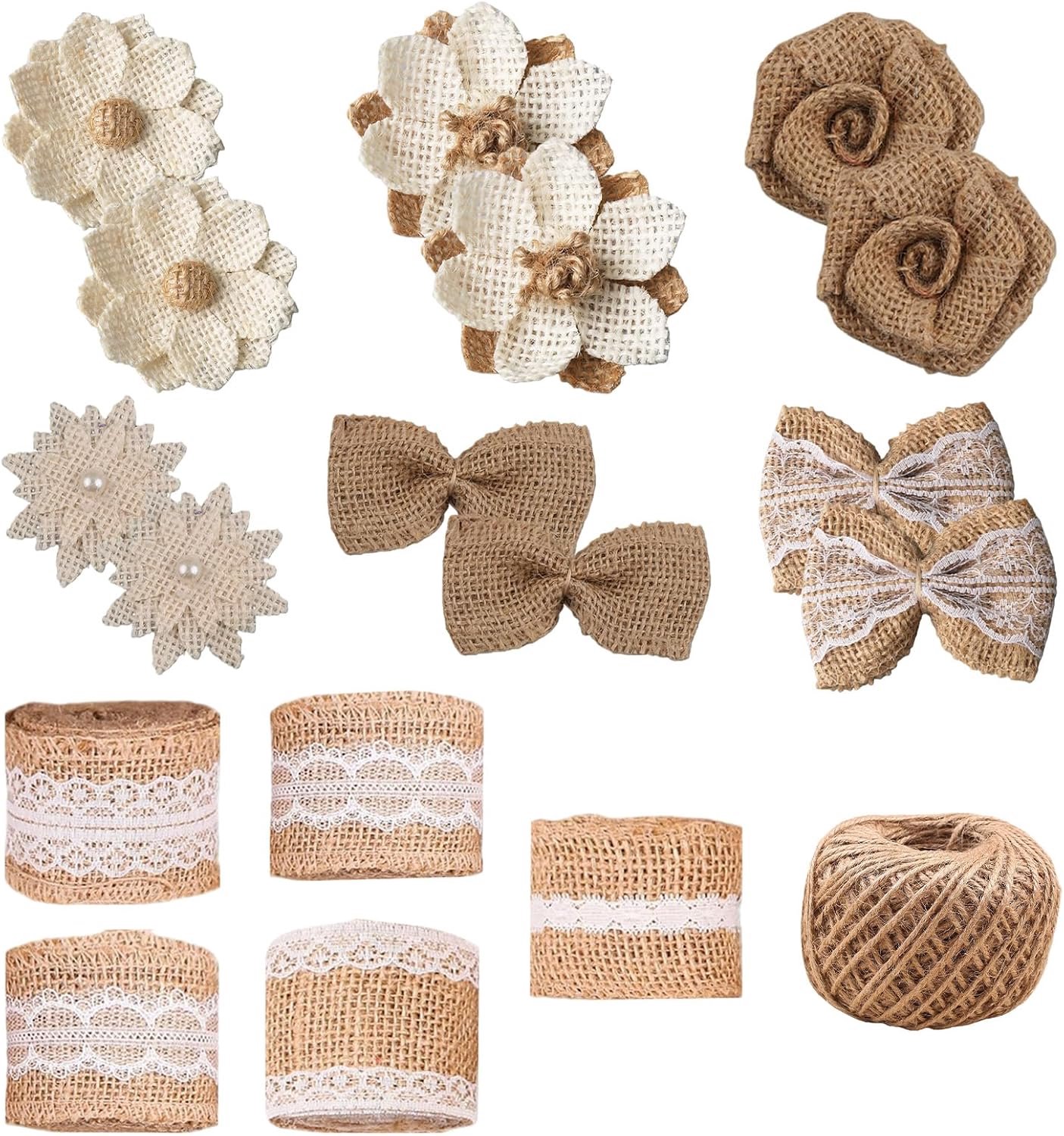 30 stuks jute bloemen set, inclusief 6 rollen natuurlijke jute linten, 24 stuks bloemen en strikken, 1 jute touw touw - ShopVlot