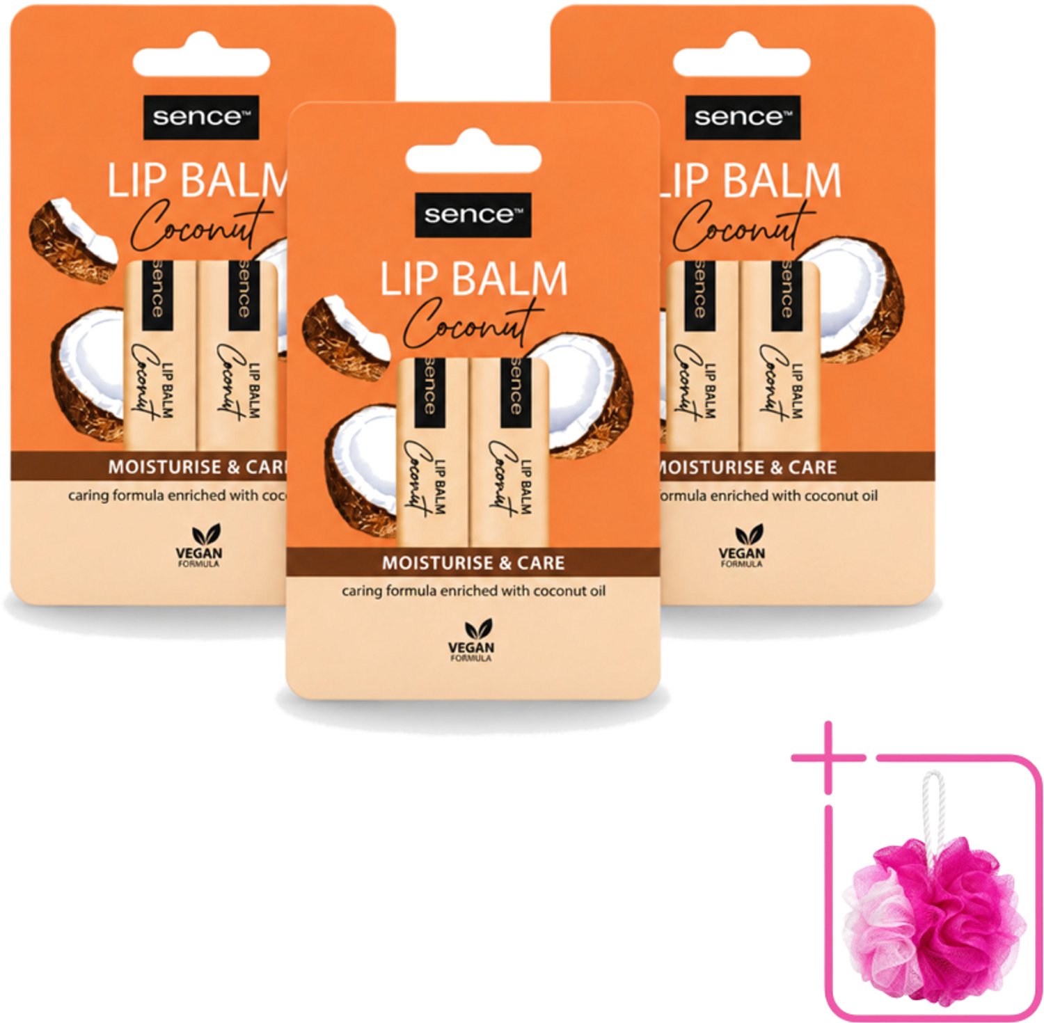 3 x Sence - Moisturise & Care - Lippenbalsem Duo - Verzorgend - 2 x 4,3 g - Bulkverpakking - Lippenbalsem - Douchemop - Kokos