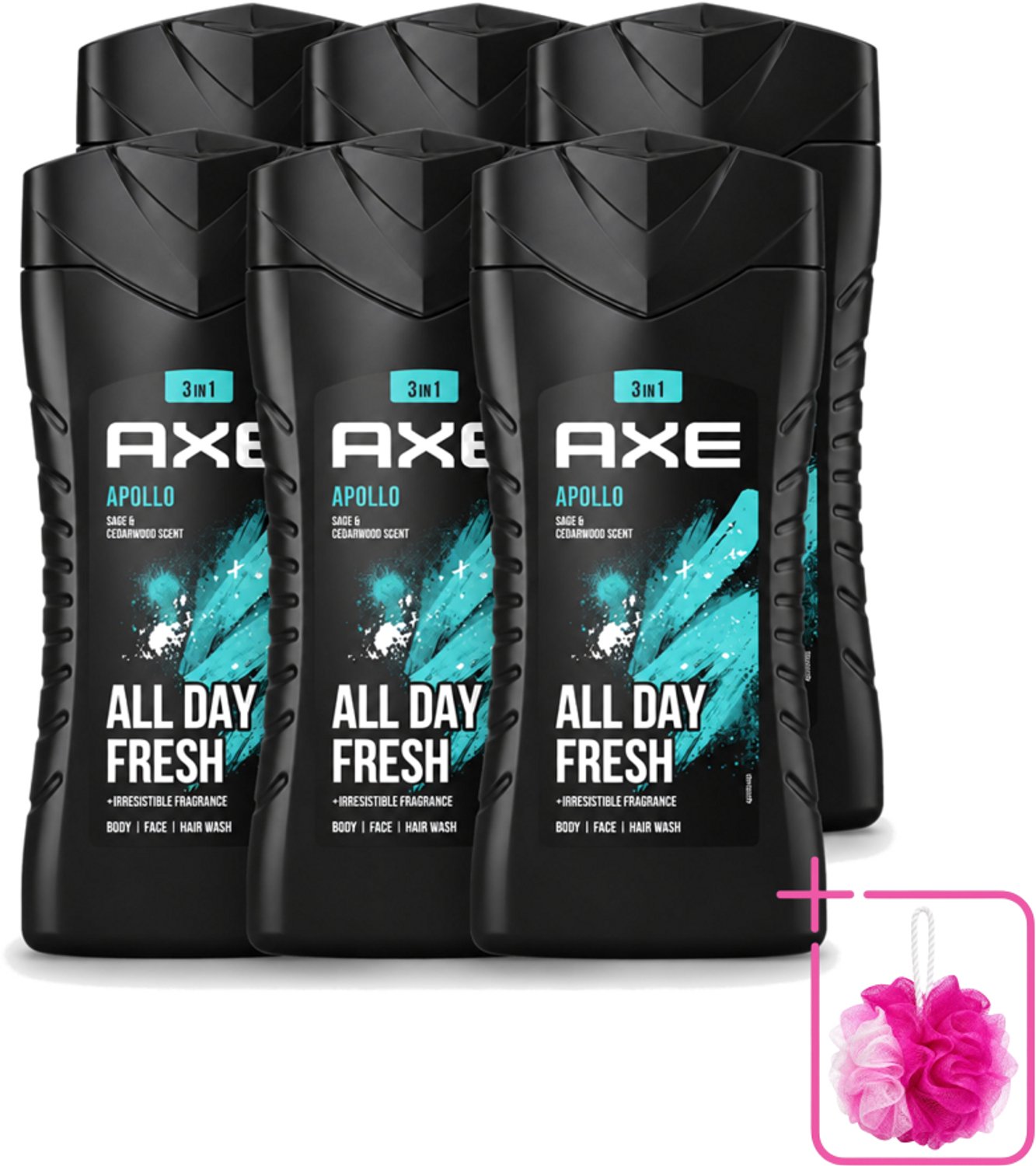 6 x Axe - 3-in-1 Douchegel - Apollo - Sage & Cedarwood - 250 ml - Bulkverpakking - Douchegel - Douchemop - Mannelijke geur