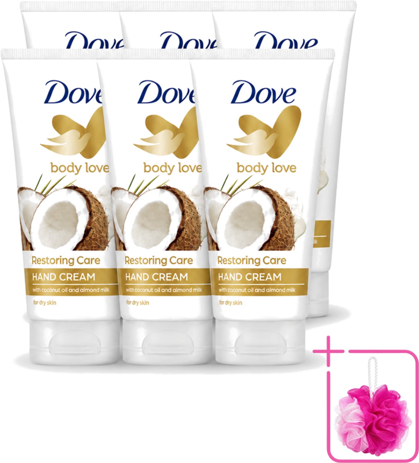 6 x Dove - Handcrème - Body Love Restoring Care - Kokos & Almond - Hydraterend - Droge huid - 75 g - Bulkverpakking - Handcrème - Douchemop - Droge huid