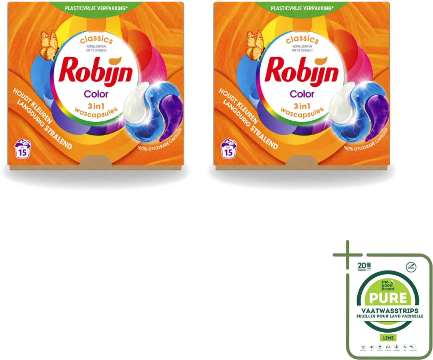 2 x Robijn – 3-in-1 Wascapsules – Color – 15 capsules - Grootverpakking - Vaatwasstrips - Kleurbehoud - Wascapsules - Wasverzachter - Biologisch Afbreekbaar - Frisse Geur