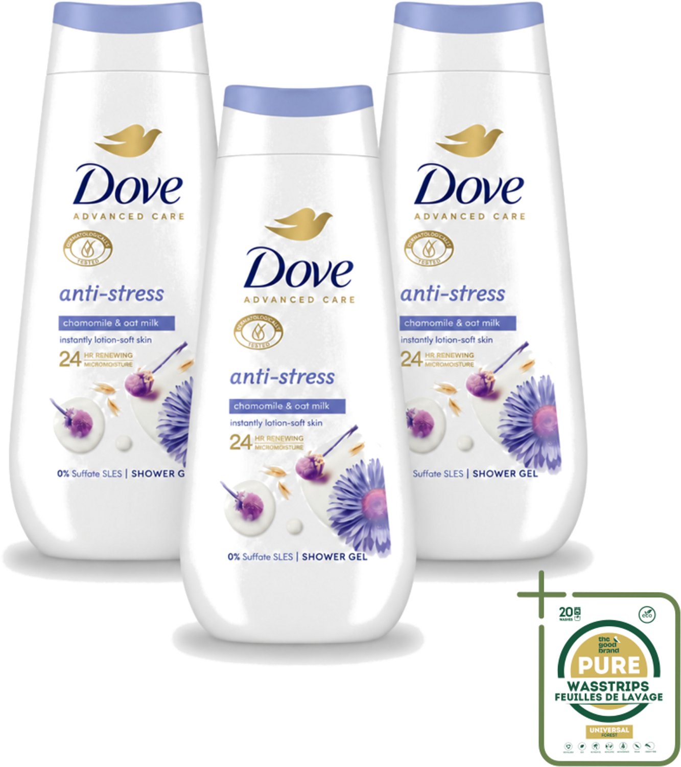 3 x Dove – Douchecrème – Anti-Stress – 225 ml - Wasstrips - Douchecrème Anti-stress - Ontspannende Douche - Droge Huid Verzorging - Blauwe Kamille - Havermelk