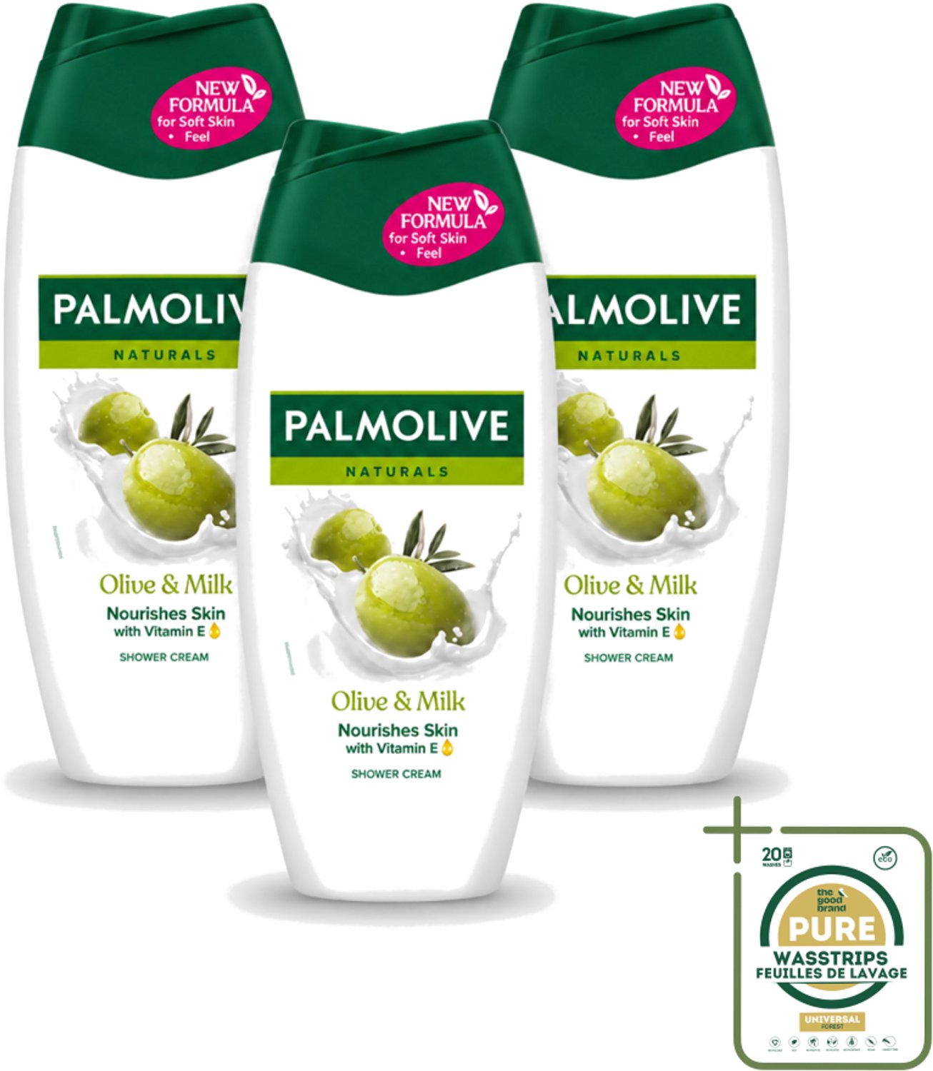 3 x Palmolive – Douchecrème – Naturals Olive & Milk – 250 ml - Wasstrips - Douchecrème - Olijf En Melk - Huid Verzorging - Milde Reiniging - Voedende Douchecrème