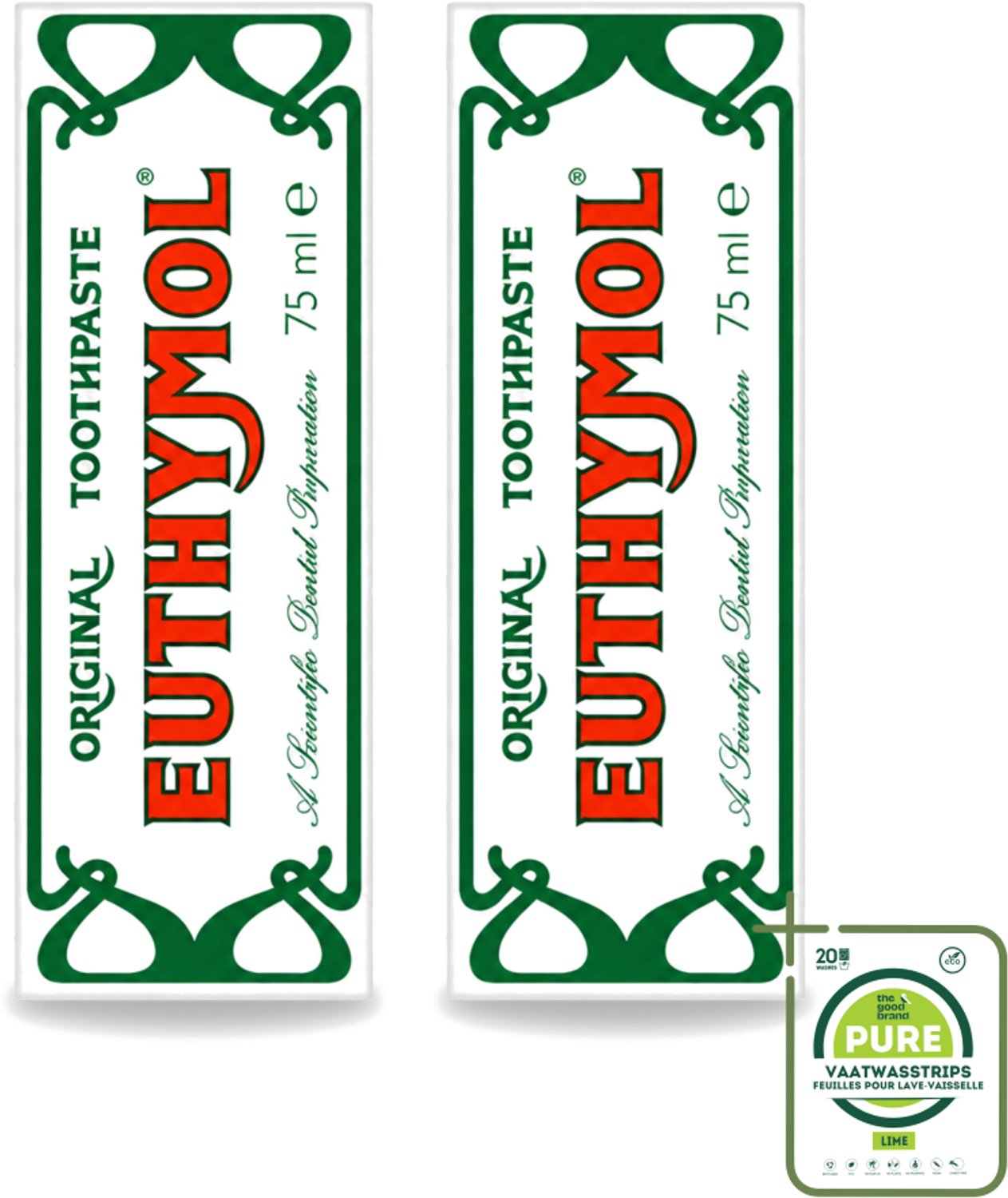 2 x Euthymol – Tandpasta – Original Dentifrice – 75 ml - Grootverpakking - Vaatwasstrips - Tandpasta - Thymol - Fluoridevrij - Mondhygiëne - Tanden Reinigen