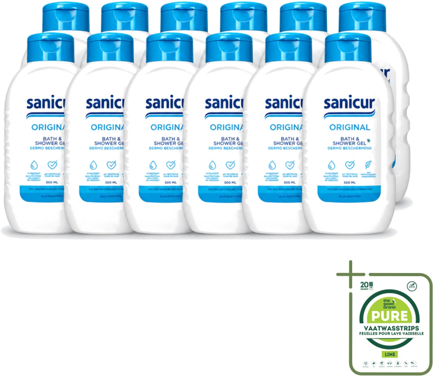 12 x Sanicur – Bad & Douchegel – Original – 300 ml - Grootverpakking - Vaatwasstrips - Bad En Douchegel - Milde Reiniging - Huidverzorging - Hydraterende Gel - Gevoelige Huid