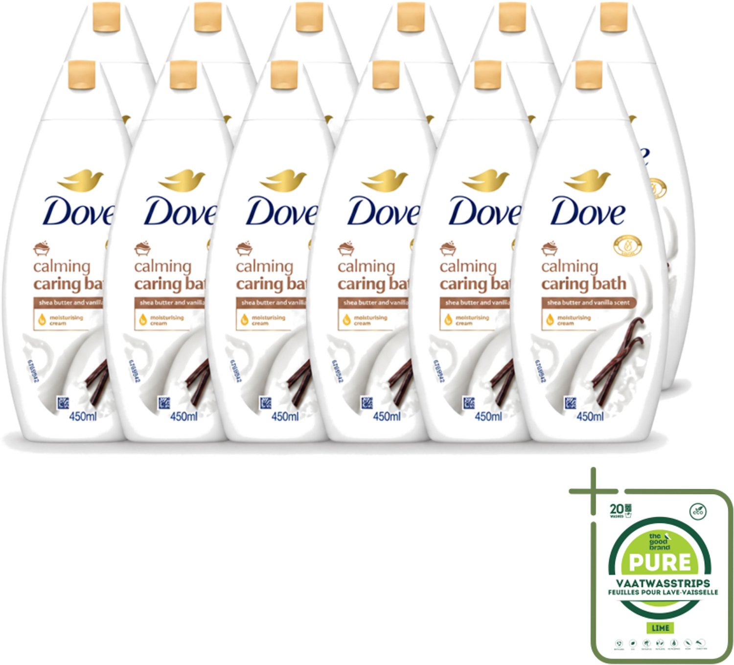 12 x Dove – Badcrème – Sheaboter & Vanille – 450 ml - Grootverpakking - Vaatwasstrips - Badcrème - Sheaboter - Vanille - Huid Verzorging - Vochtigheid