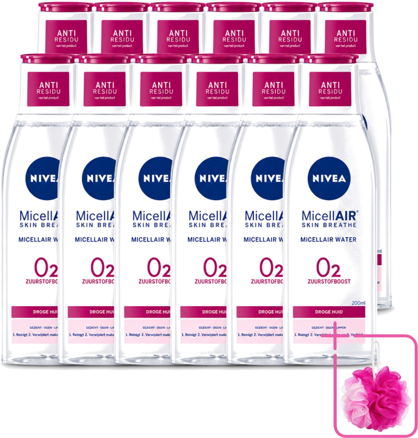 12 x Nivea - O2 Zuurstofboost Micellair Water - Droge Huid - 200 ml - Bulkverpakking - Micellair water - Douchemop - Droge huid