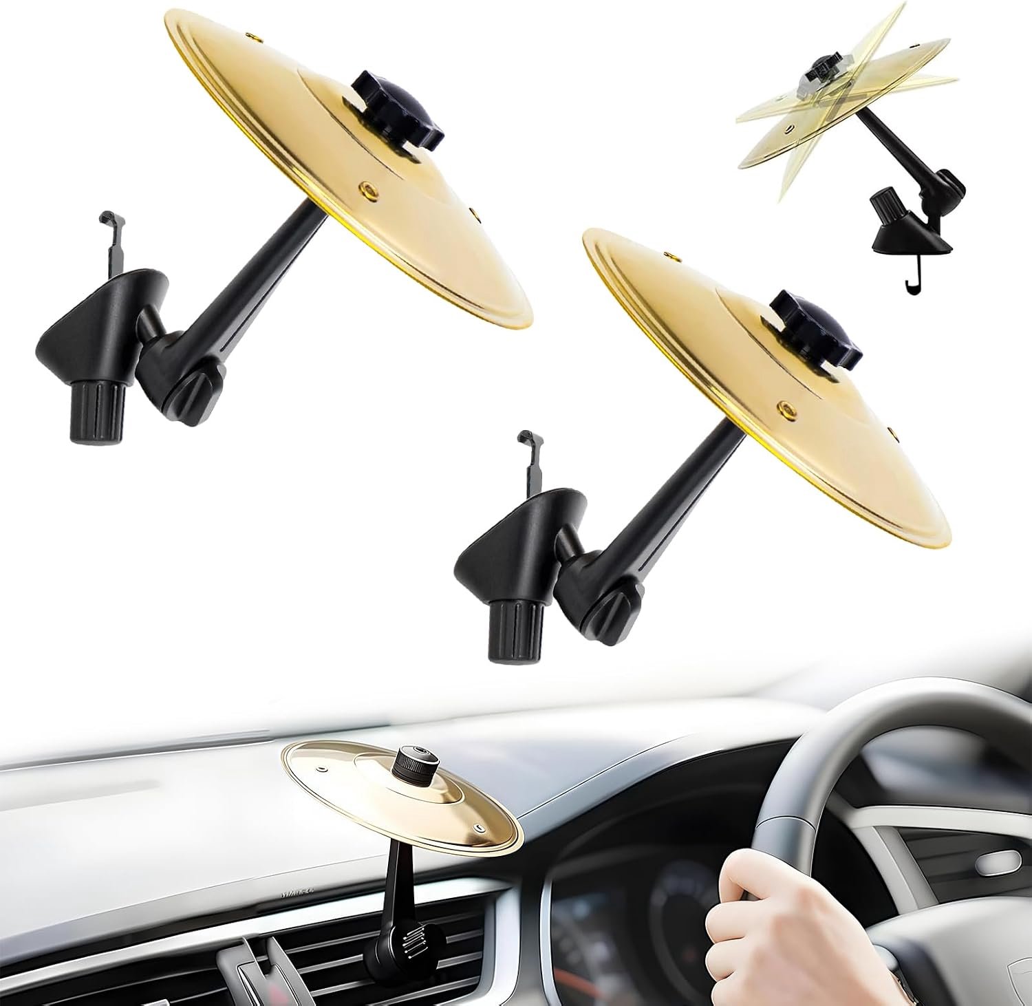 Trommel, 2 stukjes drumstel bekkens, mini drumstel, autocrash bekkens, auto trommel ventilatiesleuf, voertuig interieur (goud)