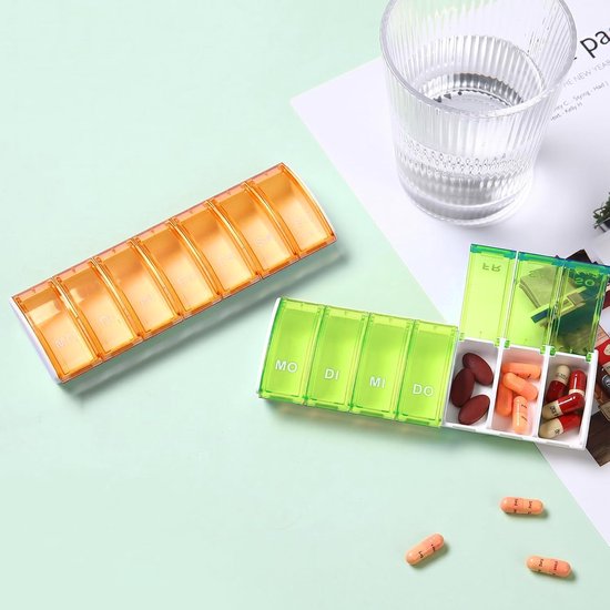 2 stuks wekelijkse pillendoos, afneembare pillendoos met 7 vakken, draagbare wekelijkse pillendoos voor tablets, vitaminen en levertraan (groen en oranje) — afbeelding 4