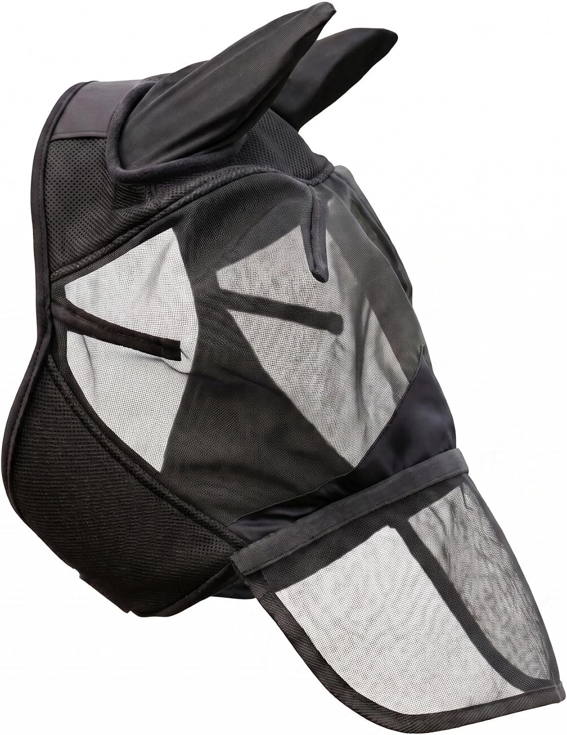 JA4042 Zwart vliegenmasker met afneembare neusbescherming, klittenbandsluiting, vliegenmasker, netweefsel, elastaan, oren, ademend materiaal, paardmasker, wilgenrijsport (Shetty)