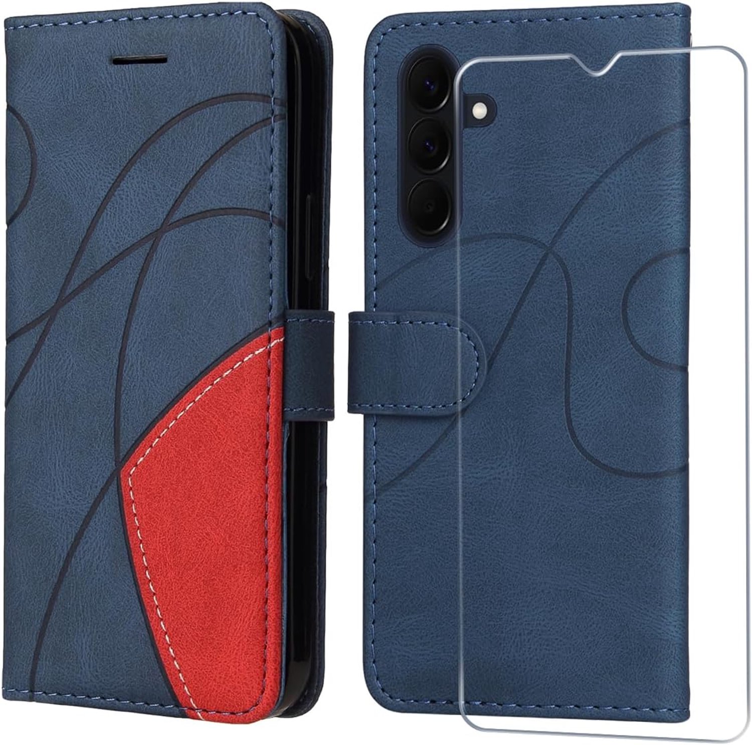Beschermhoesje voor Samsung Galaxy A57 5G, met 1 stuks beschermfolie van gehard glas, premium PU-leren portemonnee, flip stootvaste beschermhoes voor Samsung Galaxy A57 5G, blauw