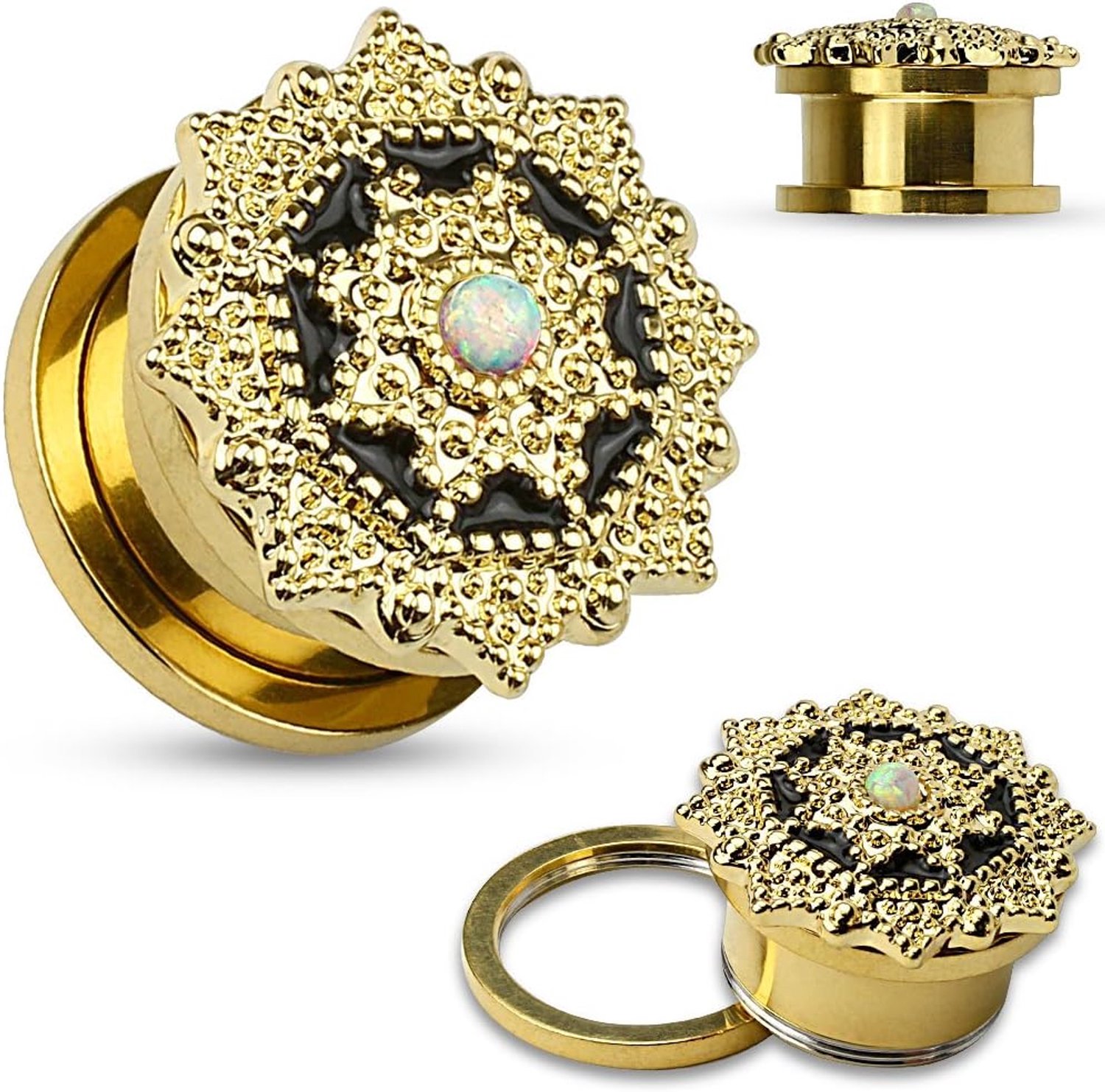 Oorplug tribal schild goud synthetische opaal roestvrij staal oorpiercing oor-sieraden Screw Fit Flesh Tunnel Schroefsluiting 3-16 mm