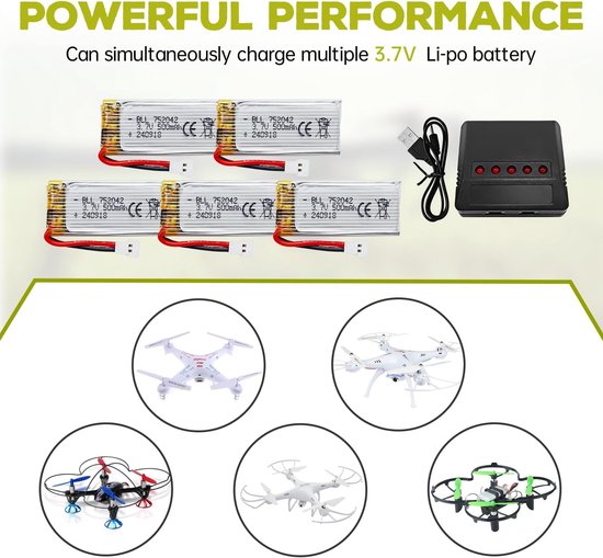 5 stuks 3.7V 500mAh batterij & oplader voor H31 H37 H6D Hubsan X4 FPV H107C H107D H107L H107P H108 JXD392 JXD388 JXD385 UDI U816A SYMA X5C X5SW HS170 HS170C HS170G F180W F180C TR-C385 TR-P51 TR-F22 — afbeelding 5