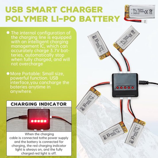 5 stuks 3.7V 500mAh batterij & oplader voor H31 H37 H6D Hubsan X4 FPV H107C H107D H107L H107P H108 JXD392 JXD388 JXD385 UDI U816A SYMA X5C X5SW HS170 HS170C HS170G F180W F180C TR-C385 TR-P51 TR-F22 — afbeelding 3
