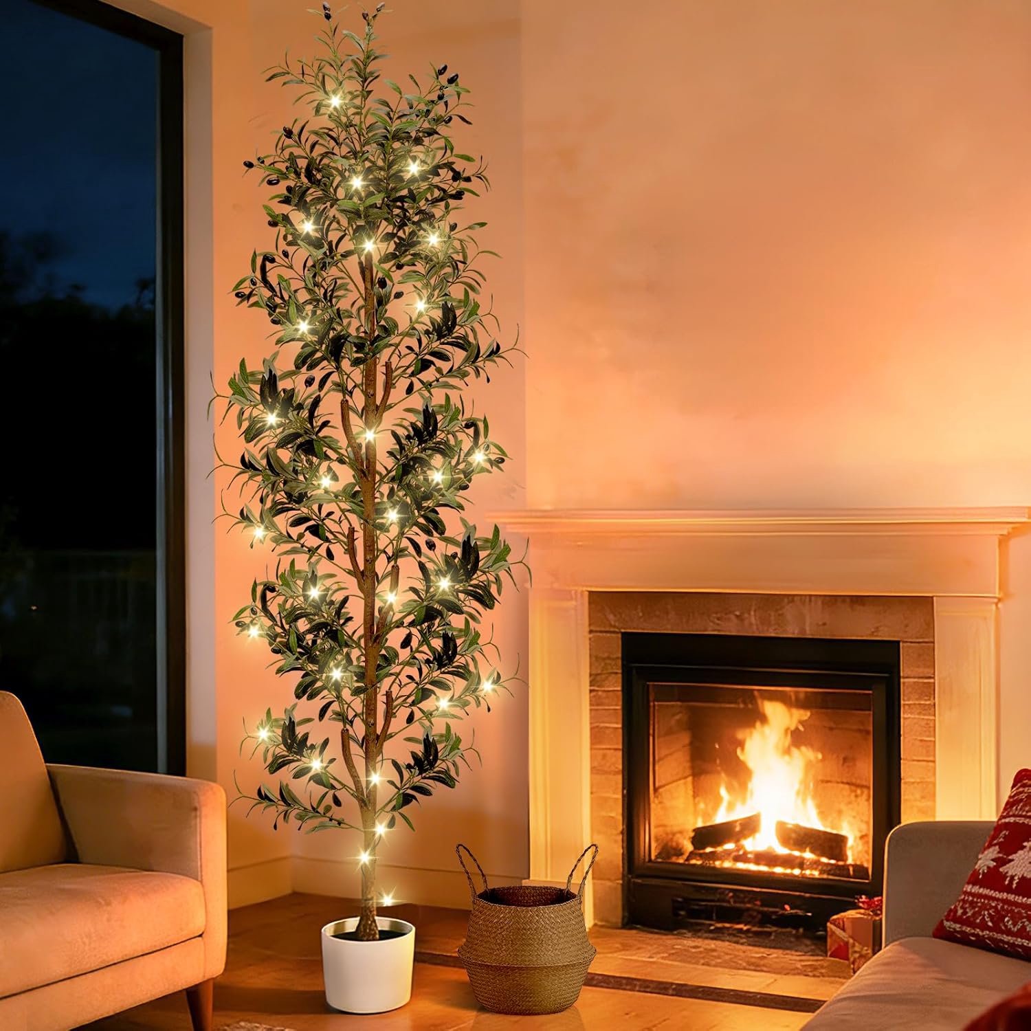 NZQXJXZ Artificial Olive Tree 2.1m - Large Indoor Fake Olive Tree with White Planter, Basket and Lighting, Tall Fake - ShopVlot