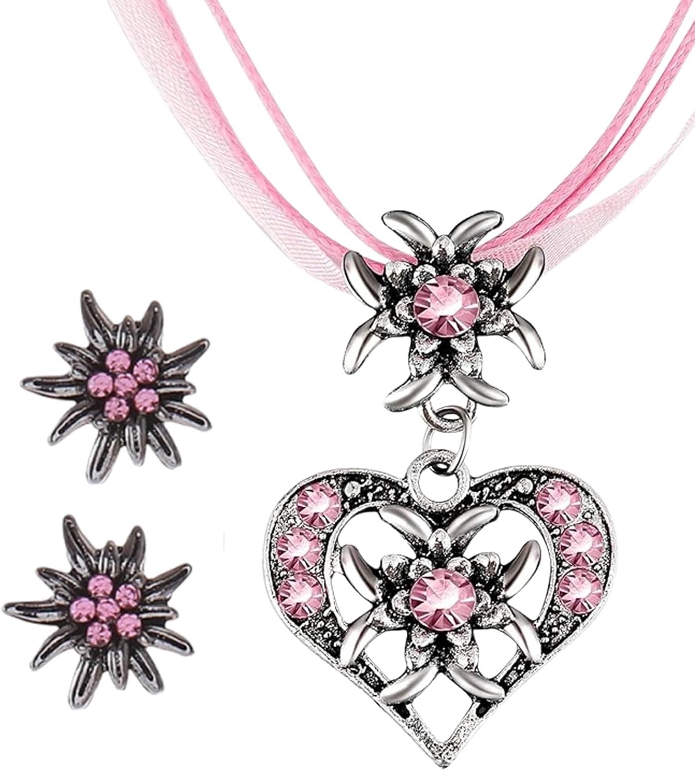 Drie-delige Kostuum Sieraden Set met Edelweiss Hangers en Oorbellen, Perfect voor Dirndl en Oktoberfest, Modeaccessoires voor Vrouwen