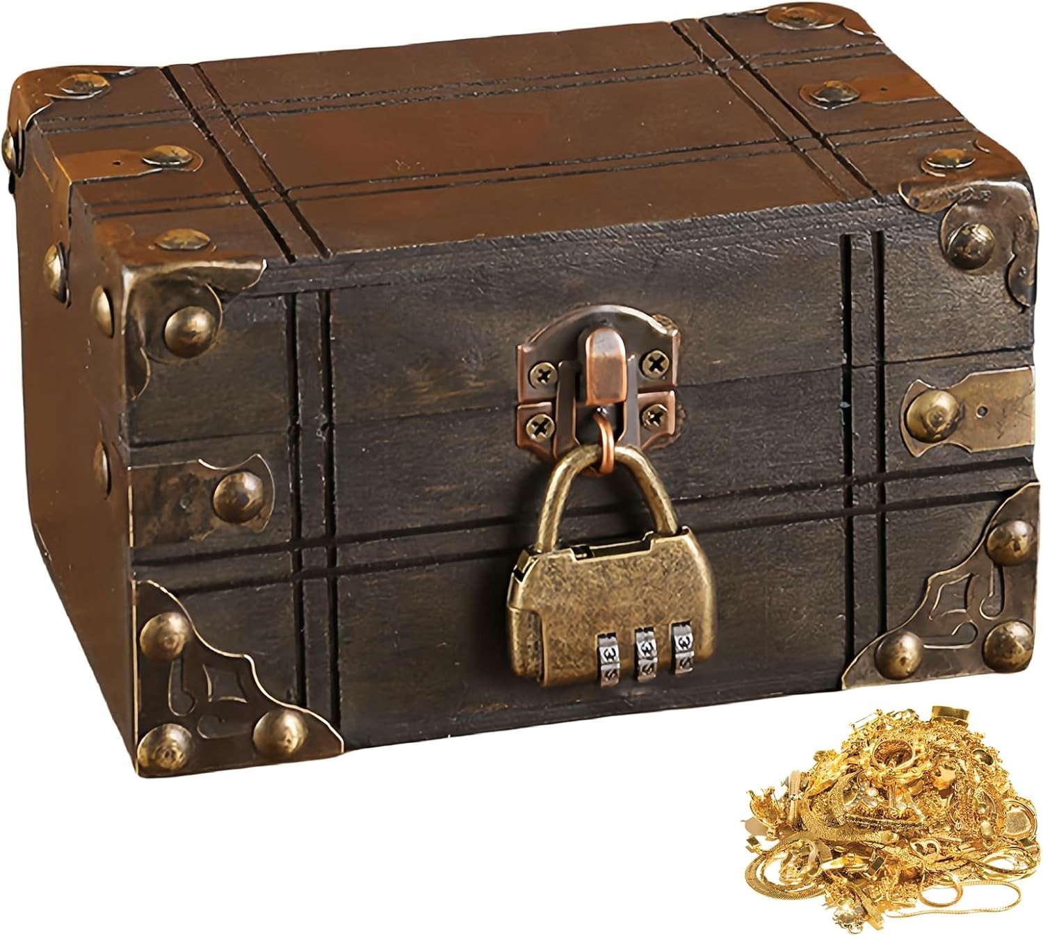 Retro houten schatkist met slot: Ideale opbergdoos voor sieraden, decoratie en piraten thema's