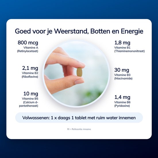 Hand houdt een bruine tablet vast met op de achtergrond vitamine-informatie en de tekst 'Goed voor je Weerstand, Botten en Energie'.