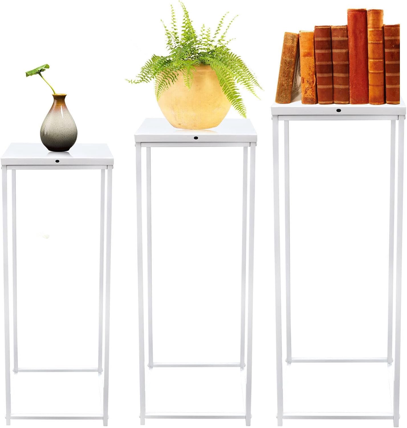 Set van 3 Witte Bloemenkrukken, Metaal, Vierkant, Bloemenkruk, Plantenstandaard Binnen, Bijzettafel voor Woonkamer, Slaapkamer, Kantoor, Bloemenzuil